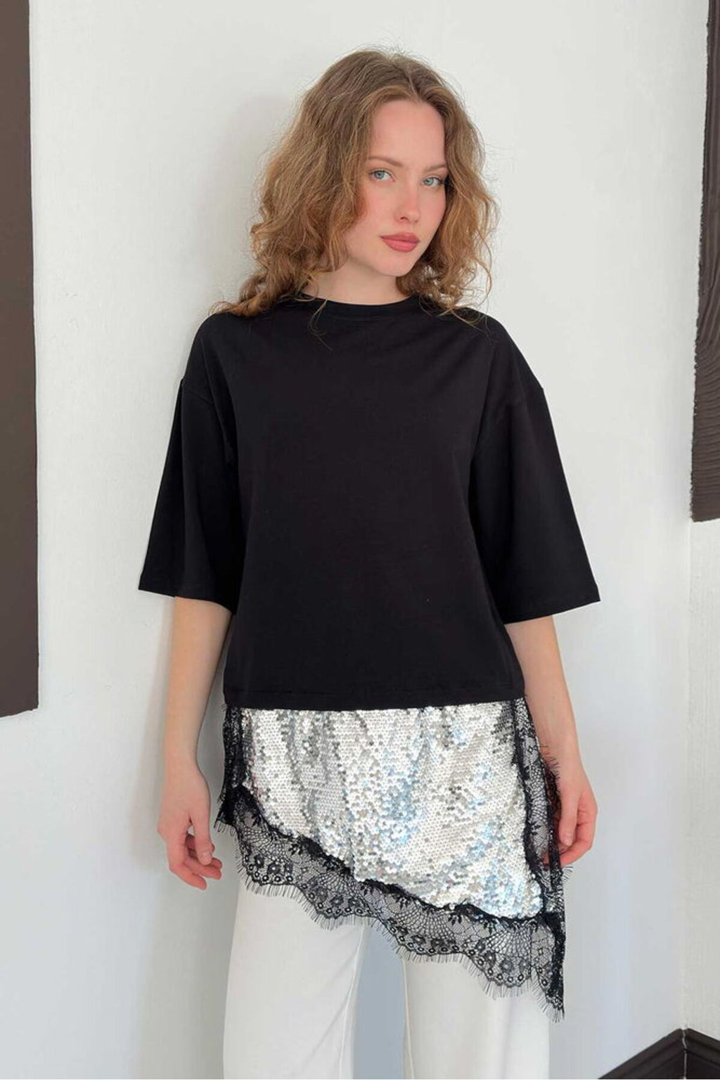 Pullu Dantelli Tişört | D3064 - SİYAH