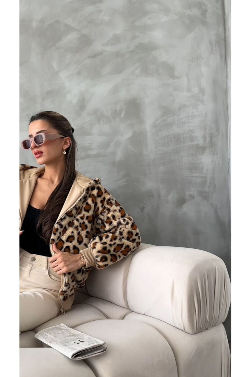 Bakılı Peluj Mont | F1650 - KOYU TAŞ LEOPAR