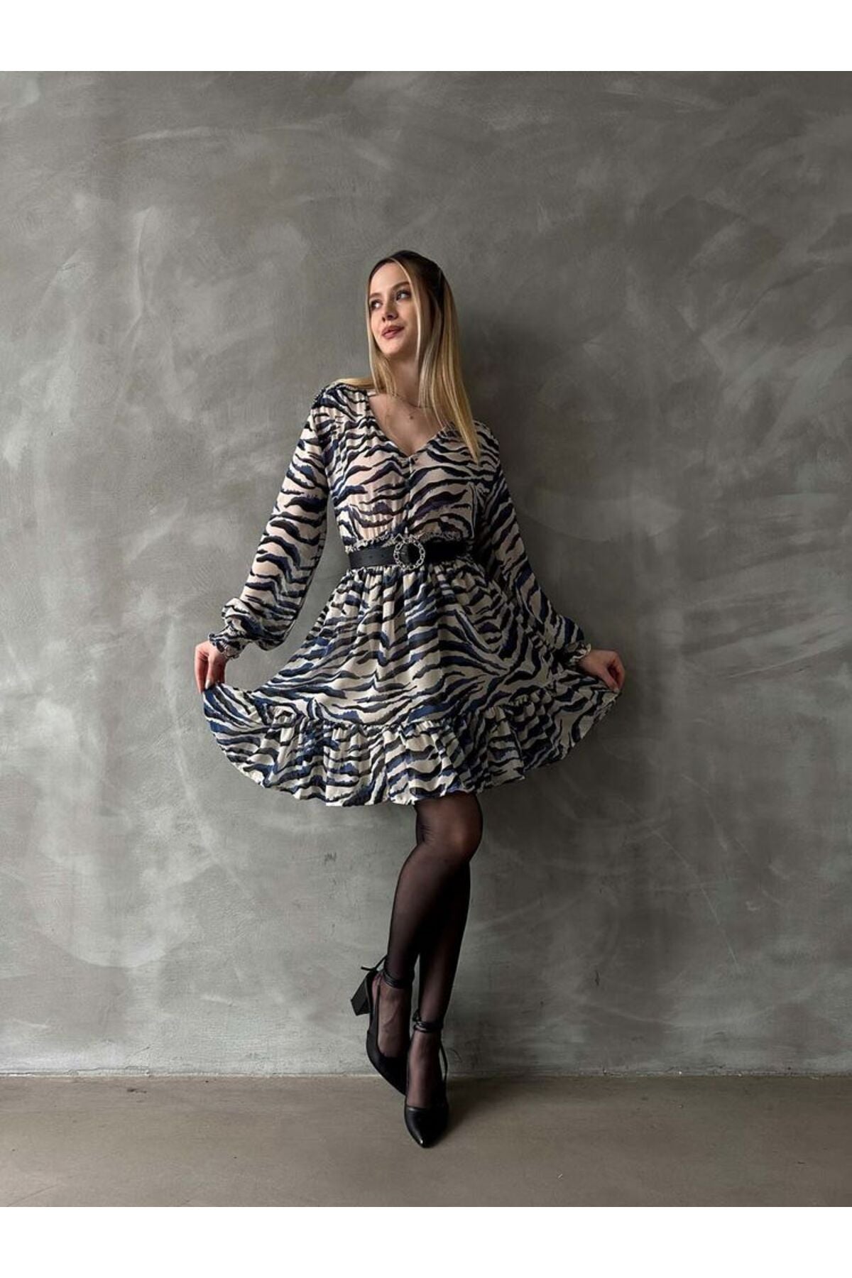 Leopar Çizgili Elbise | F1591