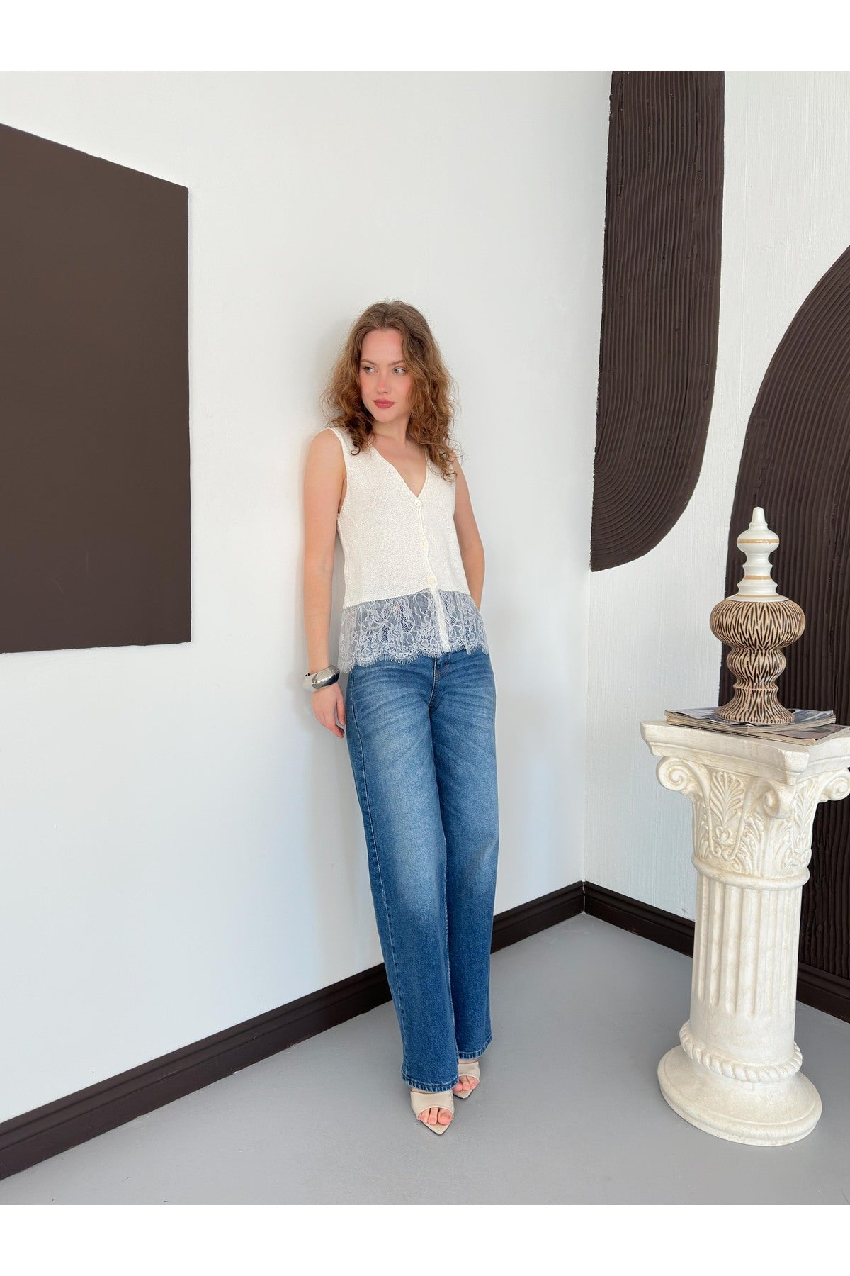 V Yaka Dantel Detaylı Triko Bluz | S1009