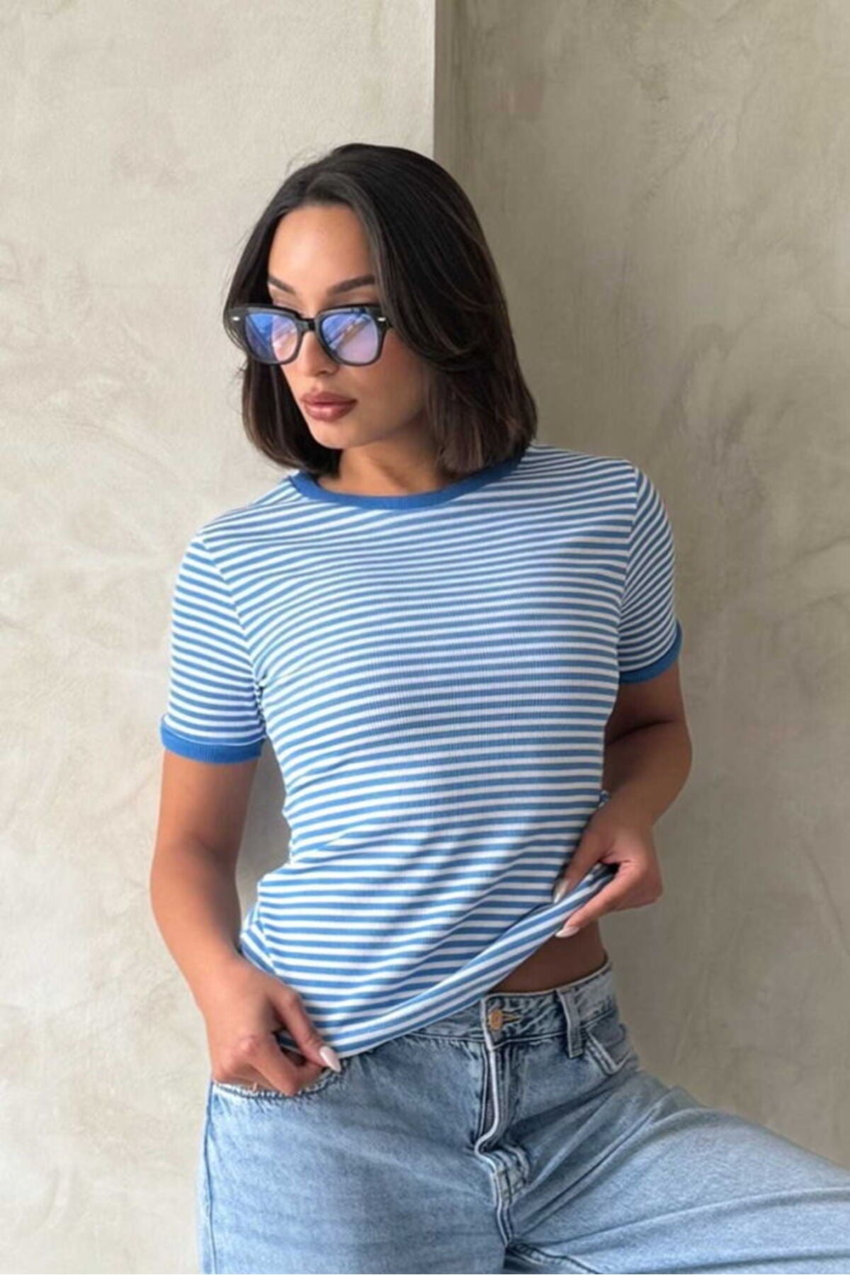 Çizgili T-Shirt | D0641 - MAVİ