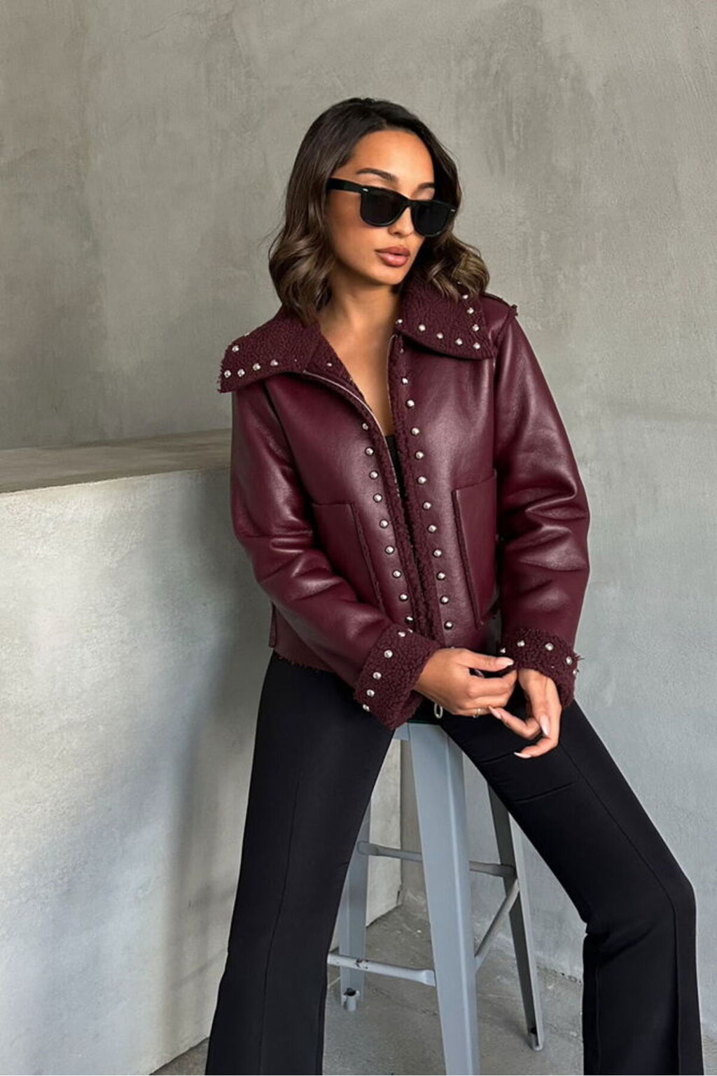 F Deri Peluş Droplu Mont | F1812 - BORDO
