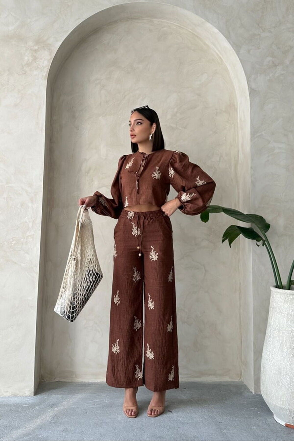 Nakış Detaylı Keten Pantolon | F1712 - GRİ
