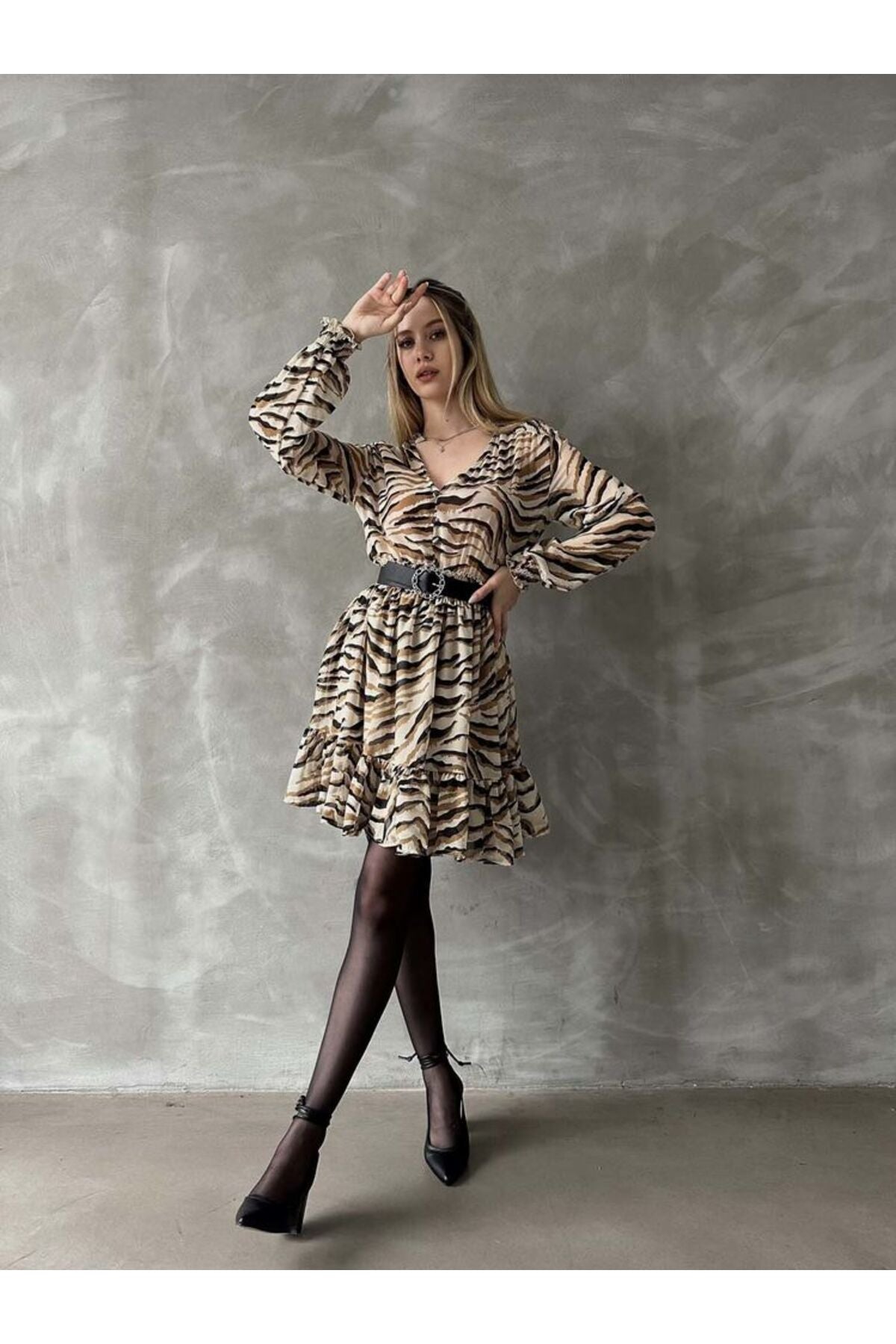 Leopar Çizgili Elbise | F1591 - MAVİ