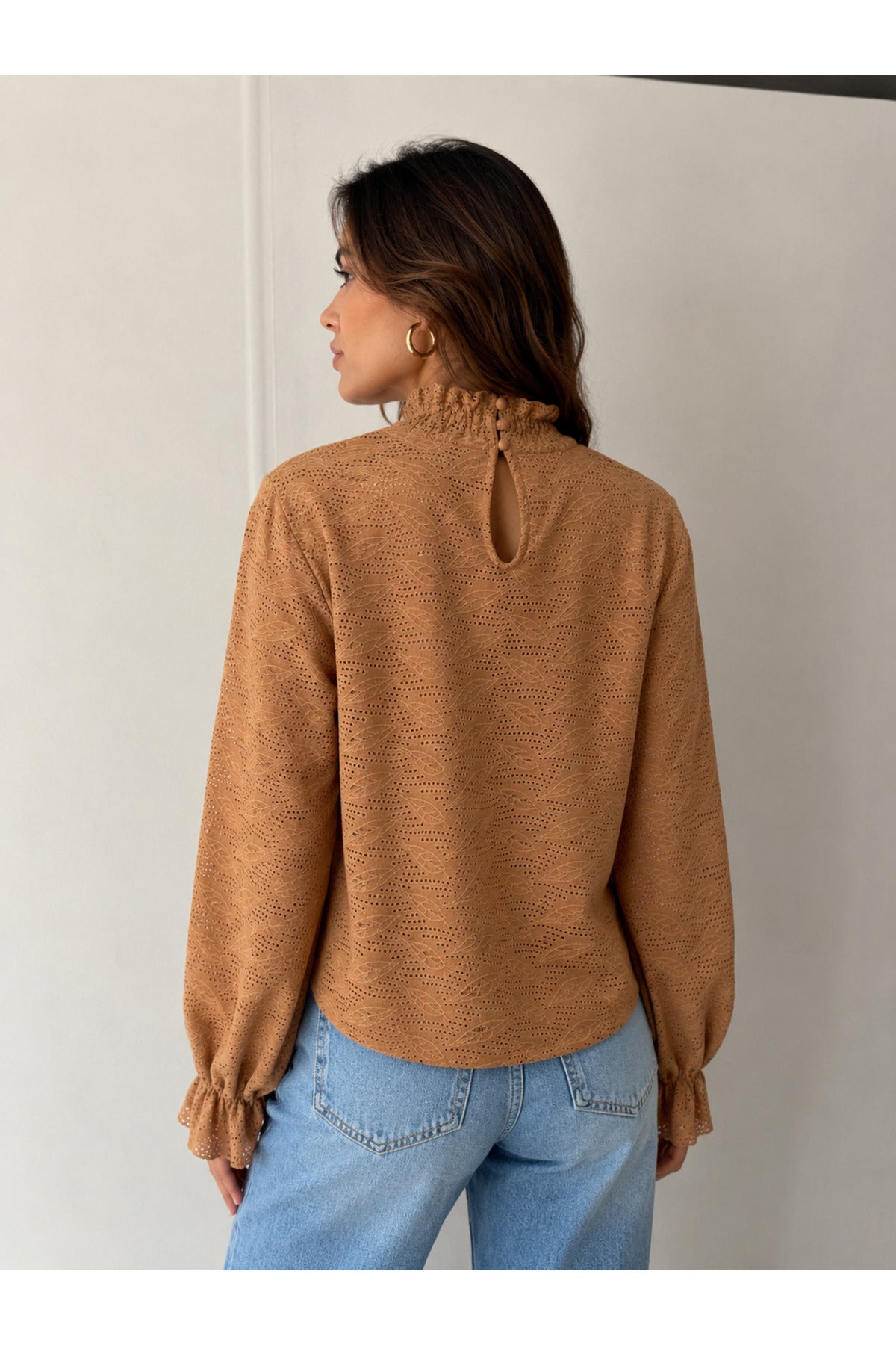 Fırfır Yaka Yaprak Desenli Uzun Kollu Bluz | F1330 - CAMEL