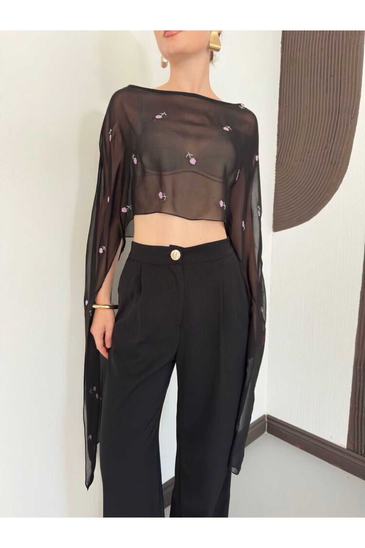 Nakışlı Şifon Pelerin Bluz | D3137