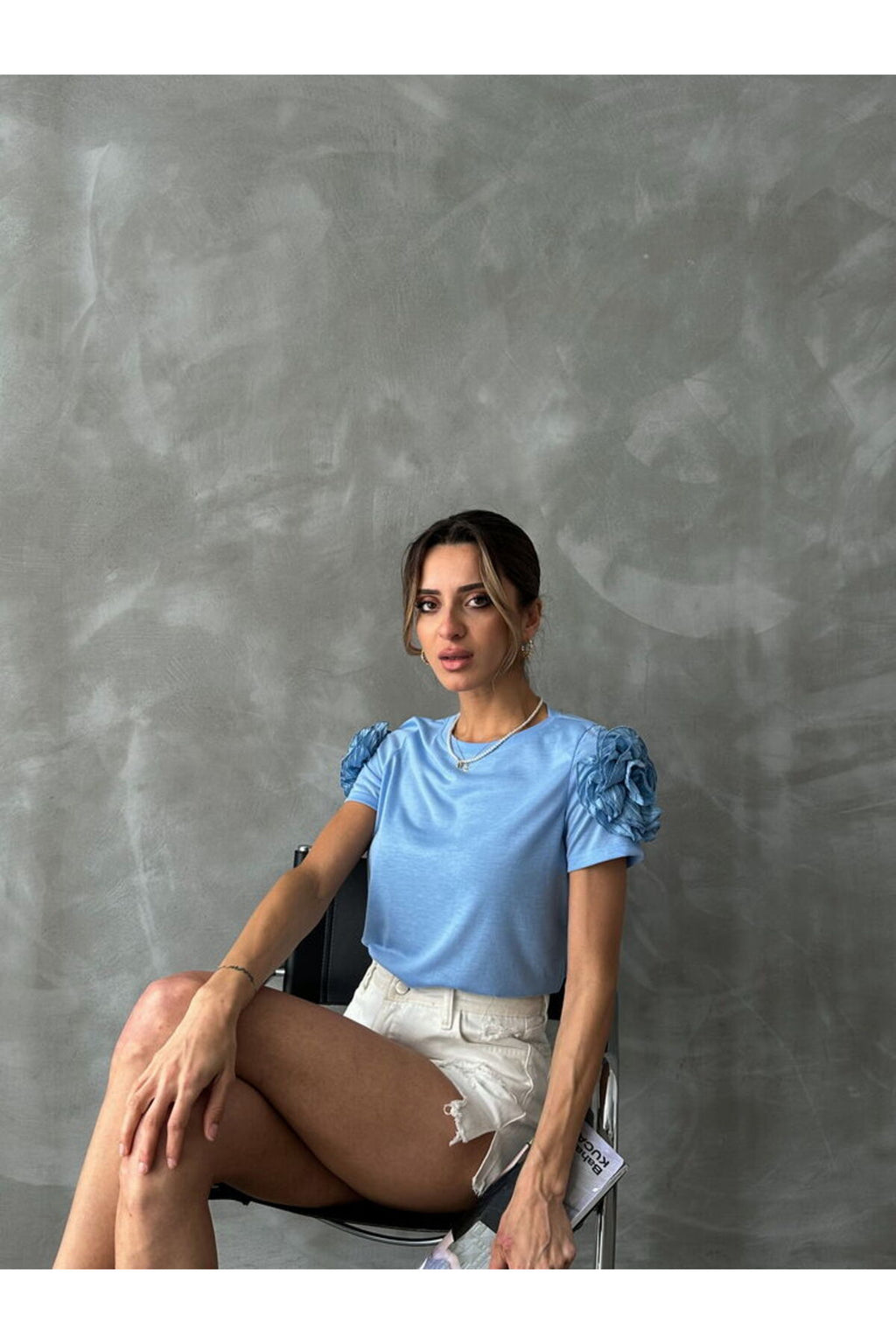 Omuzları Güllü T Shirt | D2640 - MAVİ