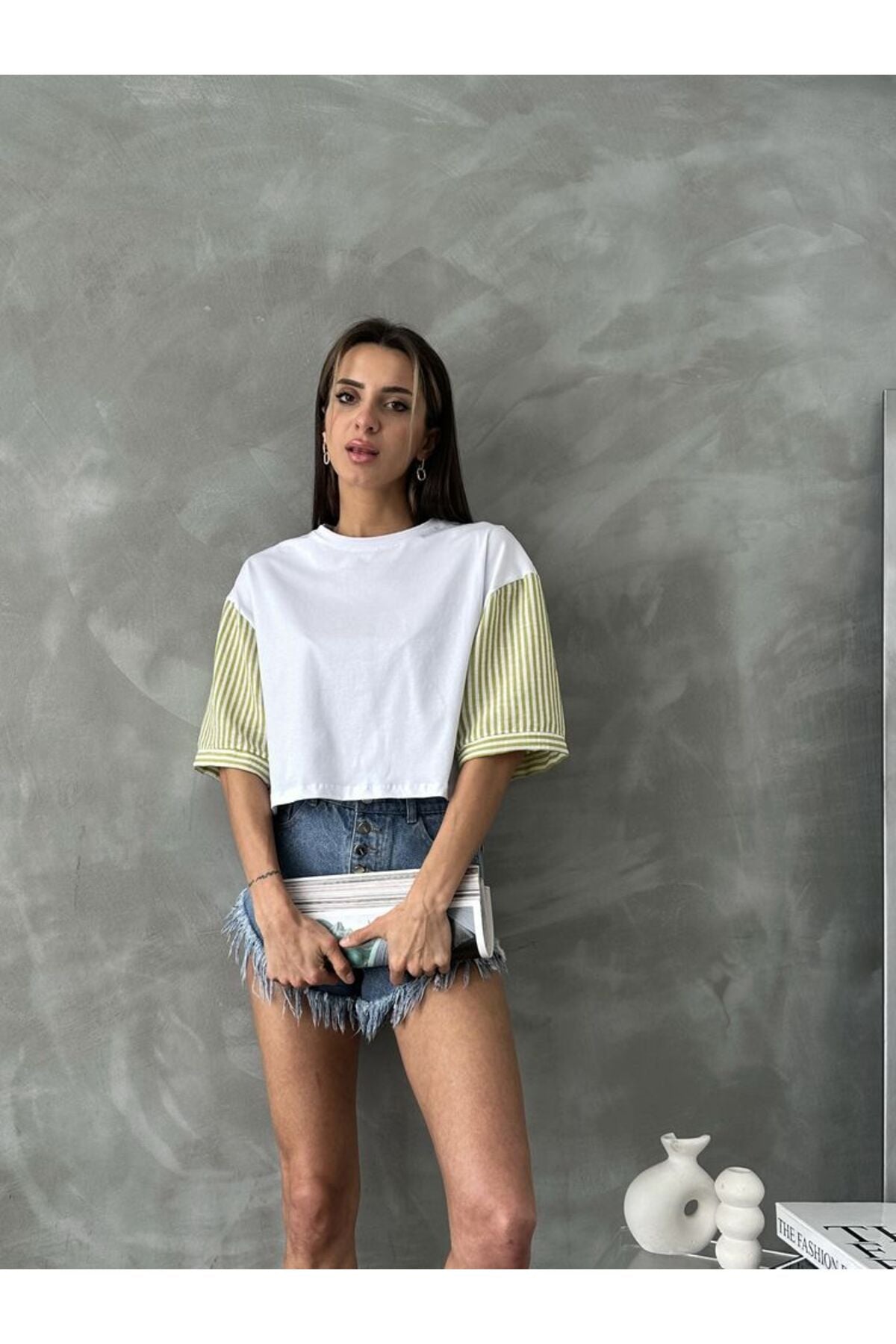 Çizgili Poplin Kollu T-Shirt | D2587