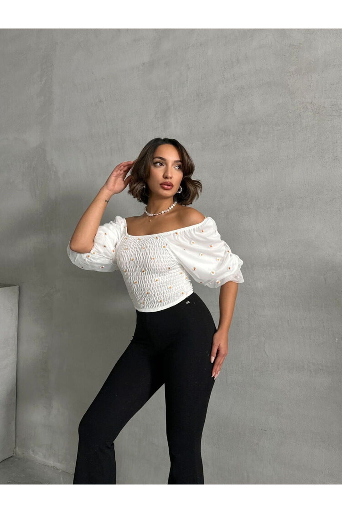 Gipeli Papatya Desenli Bluz | F0988 - MAVİ