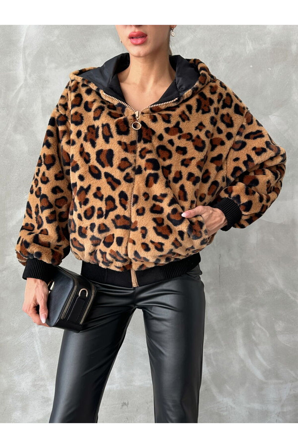 Bakılı Peluj Mont | F1650 - AÇIK TAŞ LEOPAR