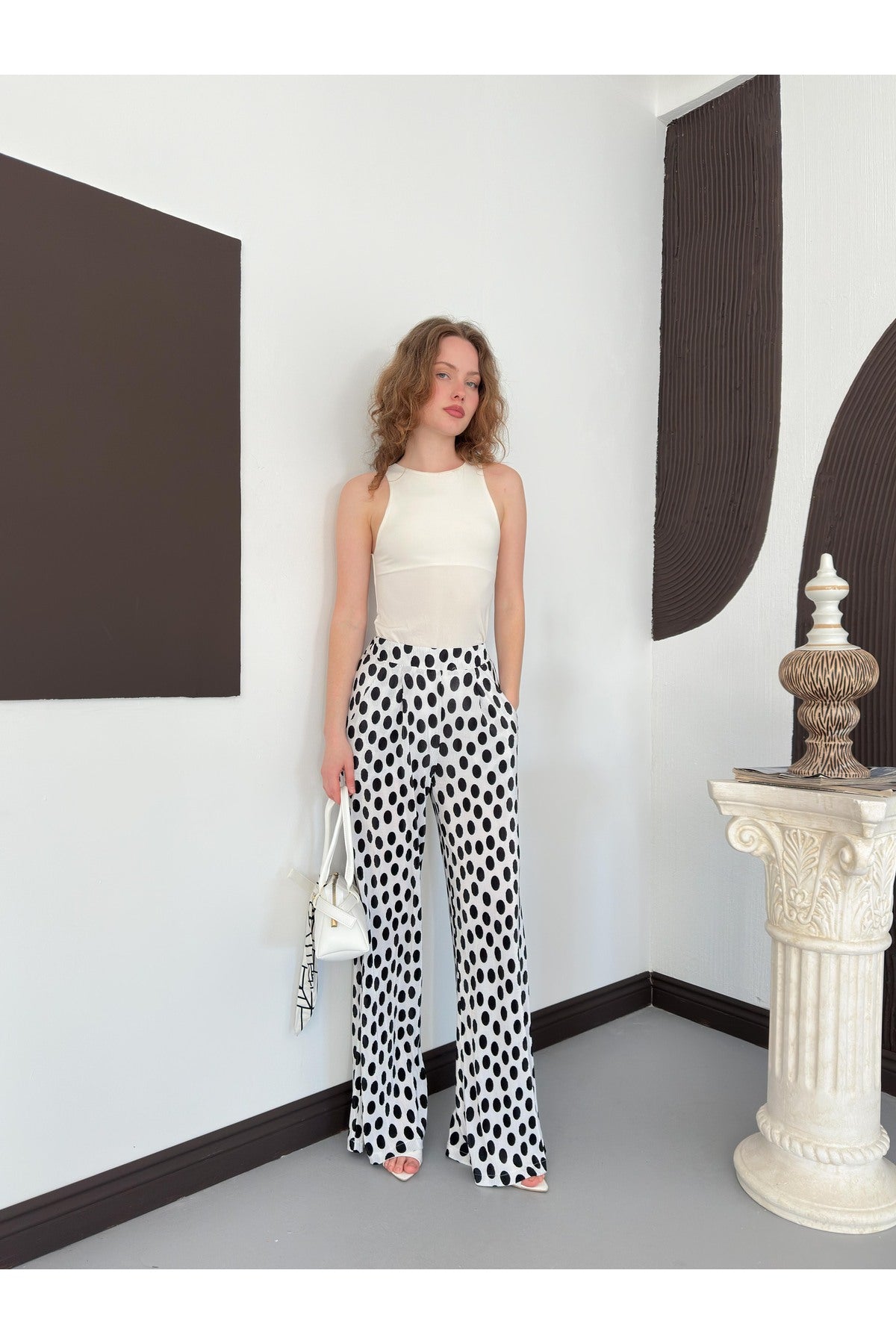 Puantiyeli Plise Pantolon - Siyah - D3071 | Topshow | D3071 - SİYAH