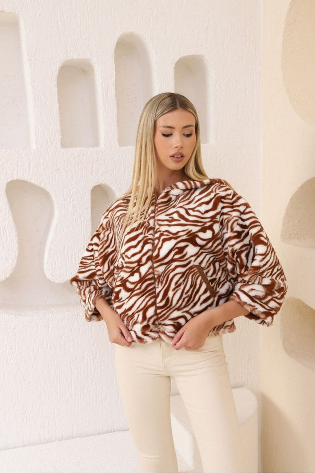 Peluş Mont | F1484 - KREM SİYAH