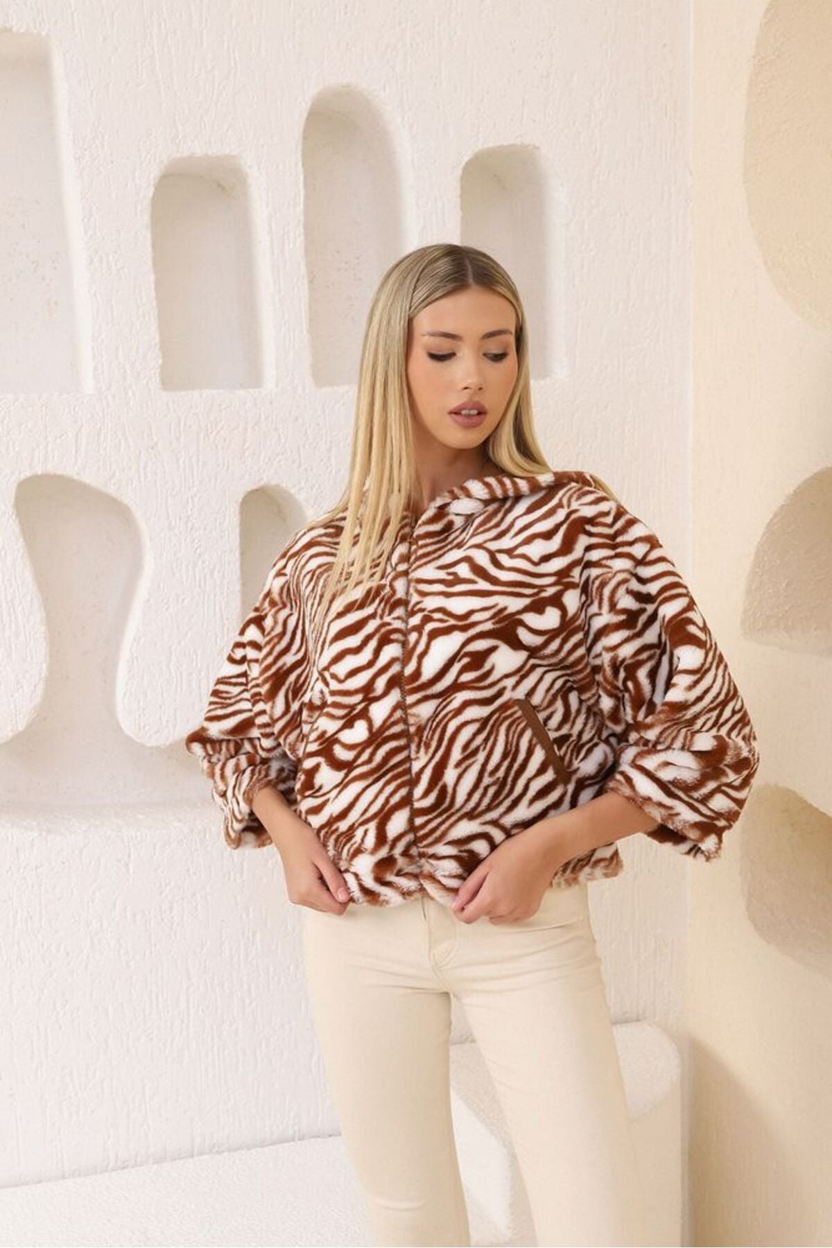 Peluş Mont | F1484 - KREM SİYAH