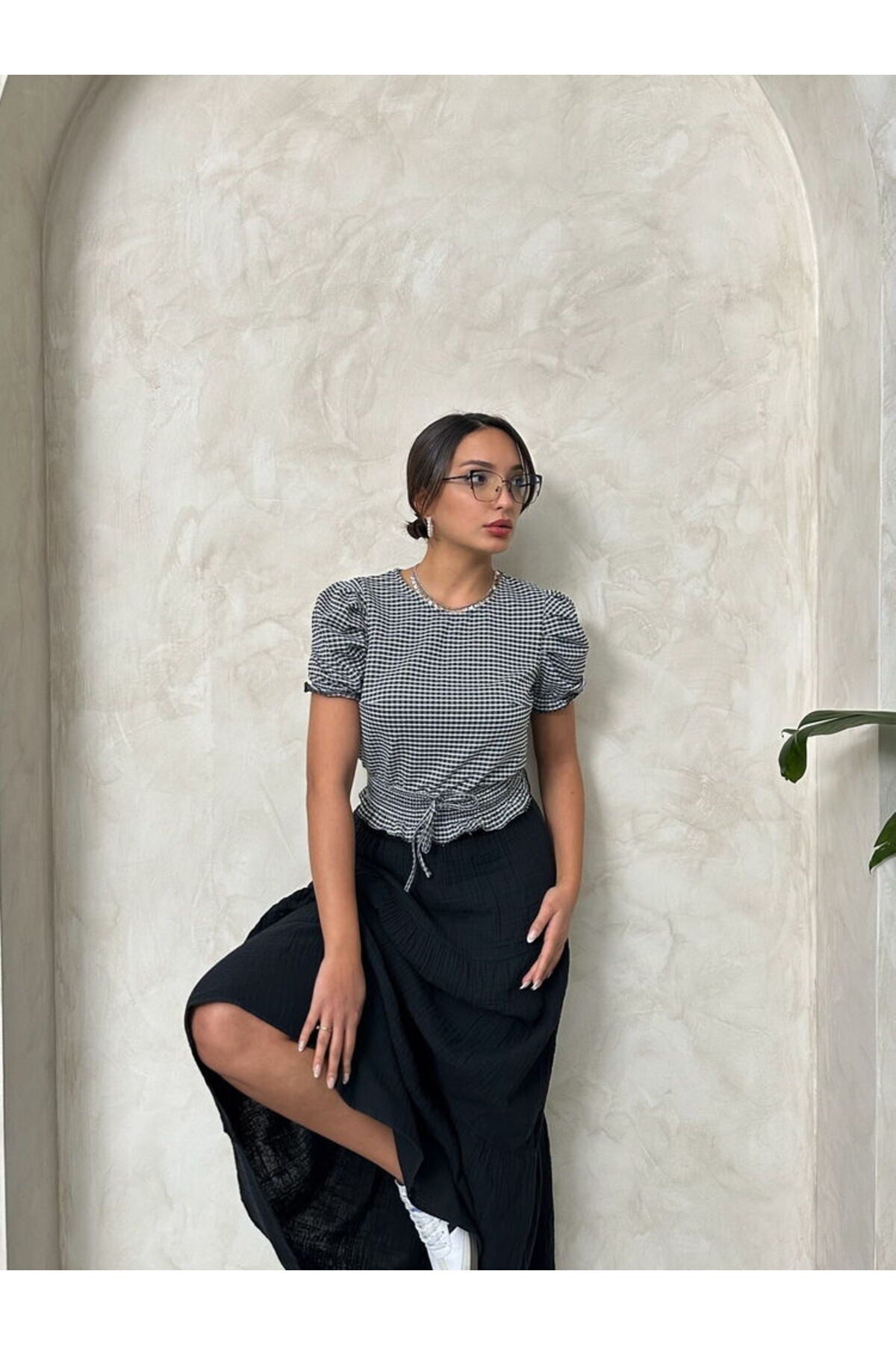 Beli Gipeli Pitikareli Bluz | D1430 - SİYAH