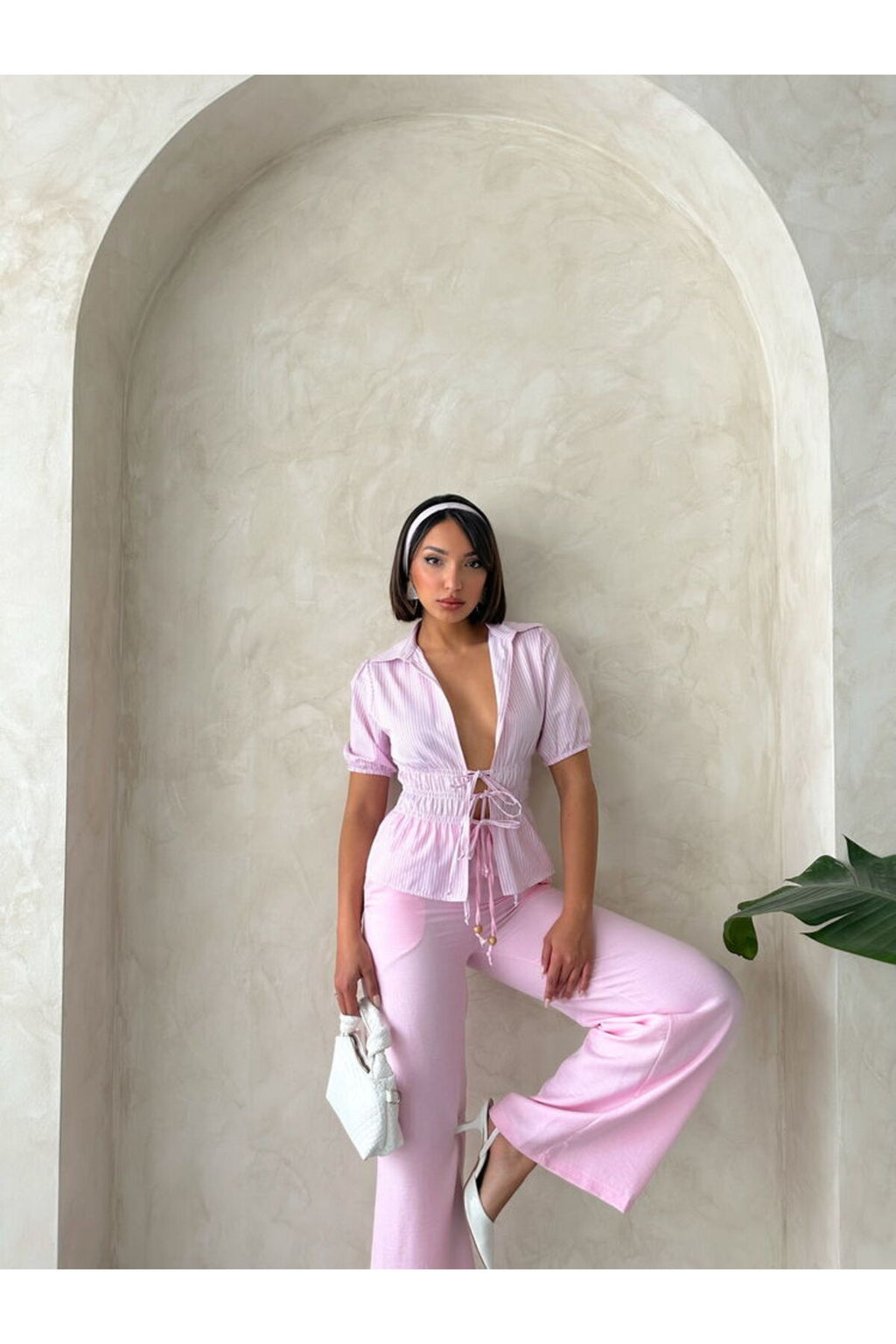 Önden Bağlamalı Çizgili Gömlek | D2812 - PEMBE