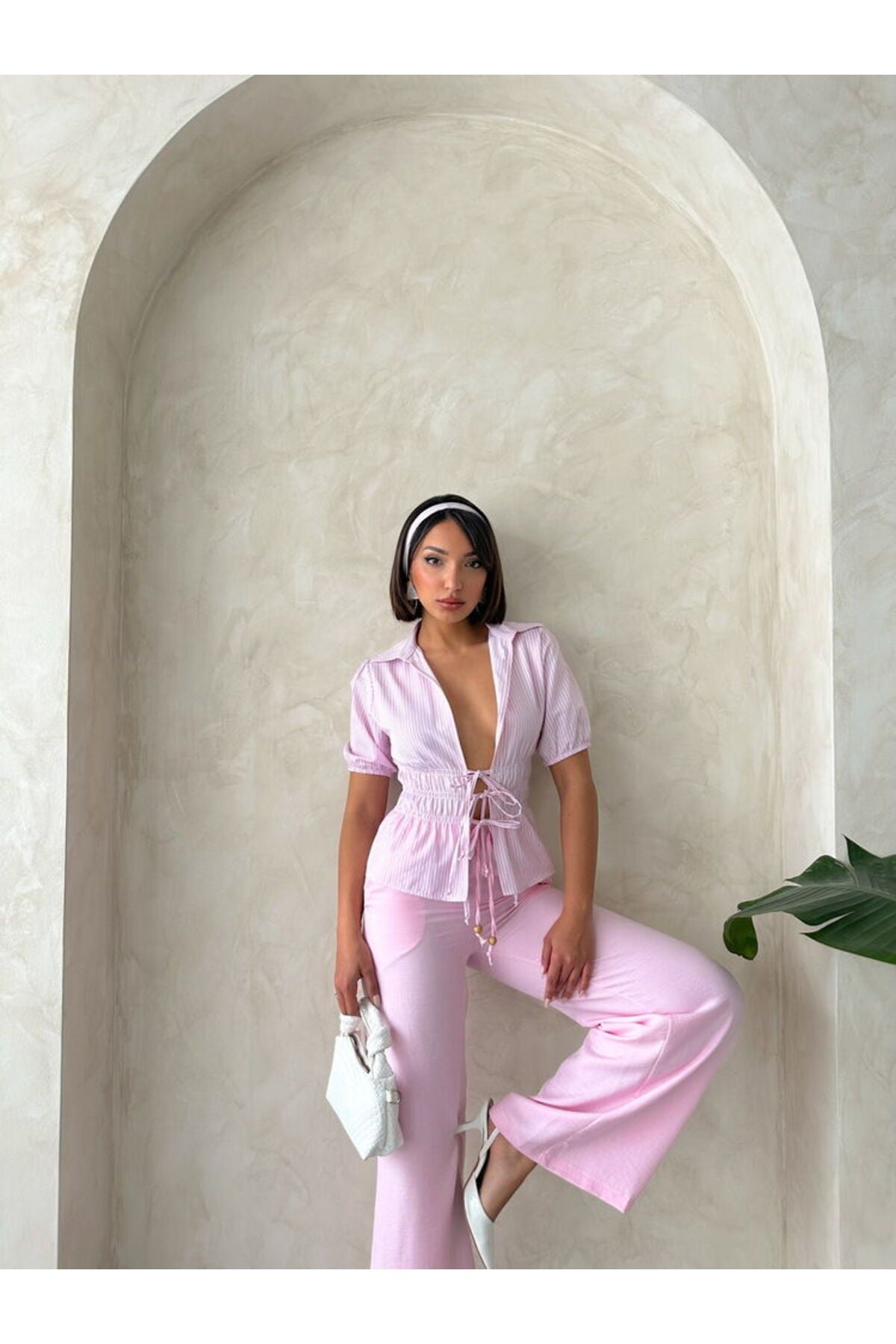 Önden Bağlamalı Çizgili Gömlek | D2812 - PEMBE