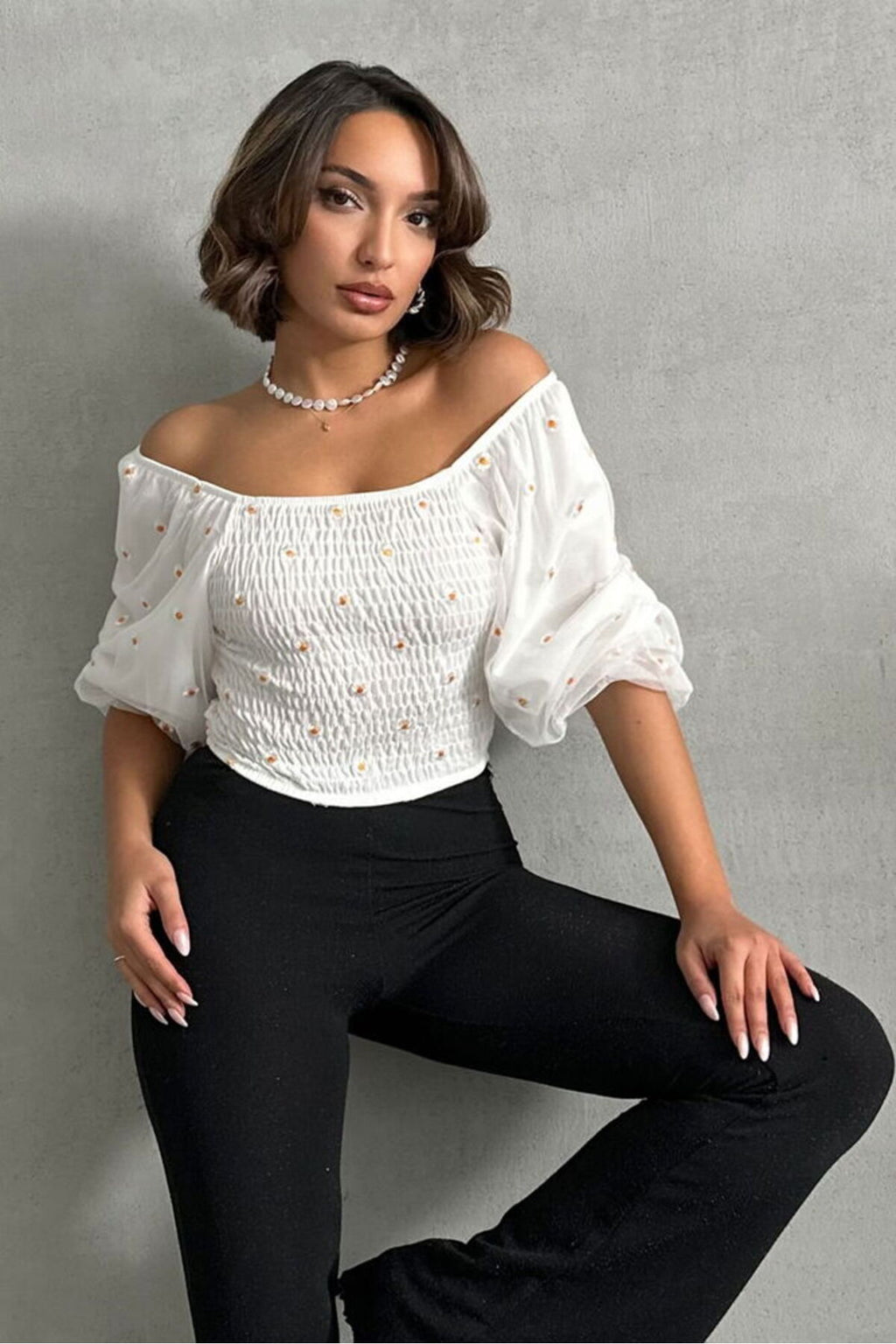 Gipeli Papatya Desenli Bluz | F0988 - MAVİ