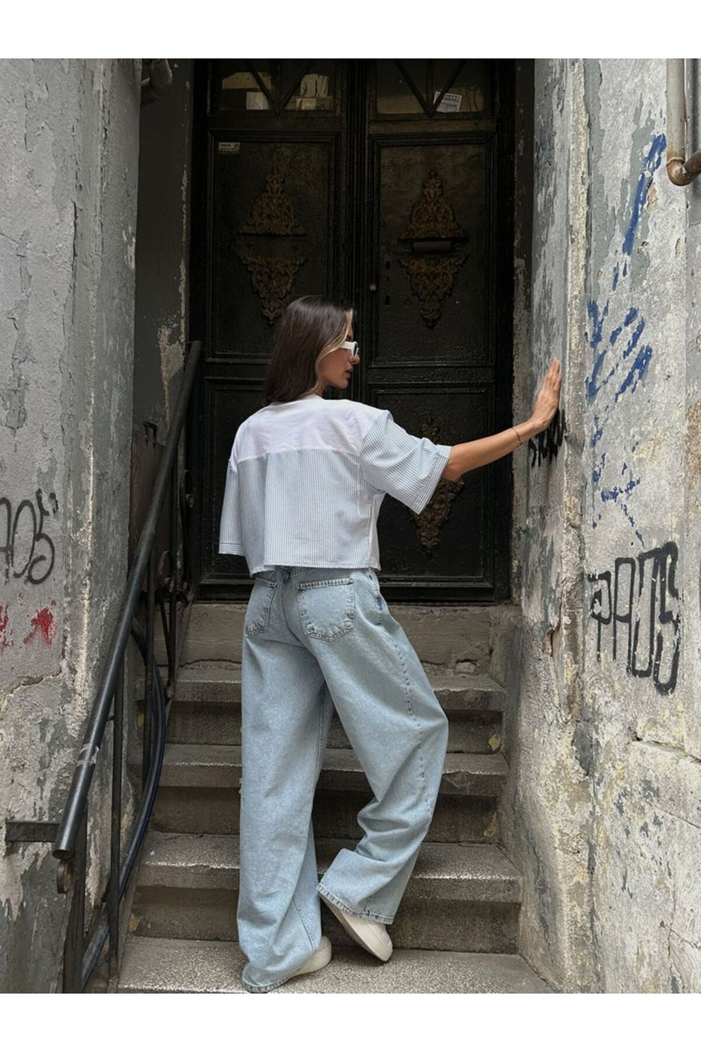 Çizgili Poplin Kollu T-Shirt | D2587 - FISTIK YEŞİLİ