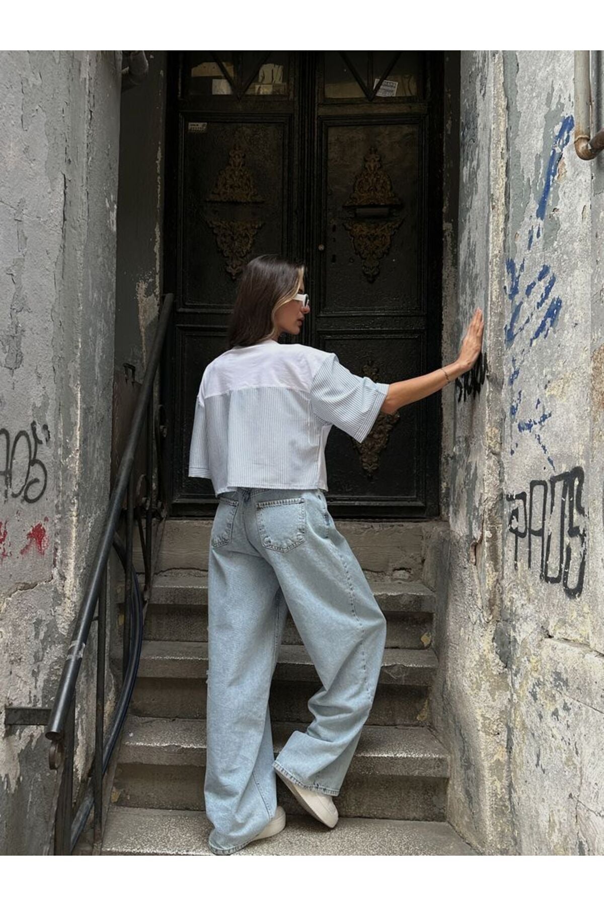 Çizgili Poplin Kollu T-Shirt | D2587 - FISTIK YEŞİLİ