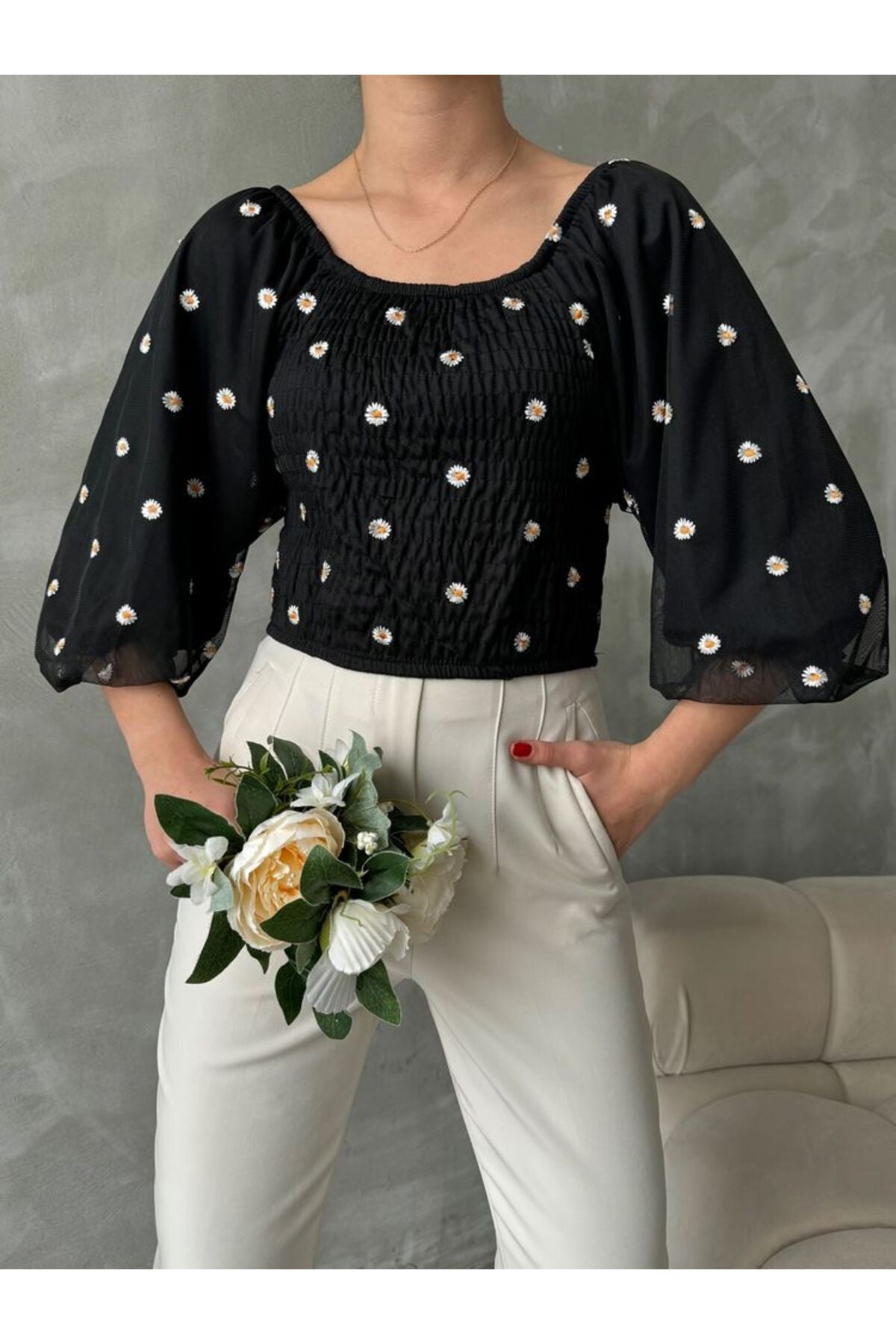Gipeli Papatya Desenli Bluz | F0988 - PUDRA