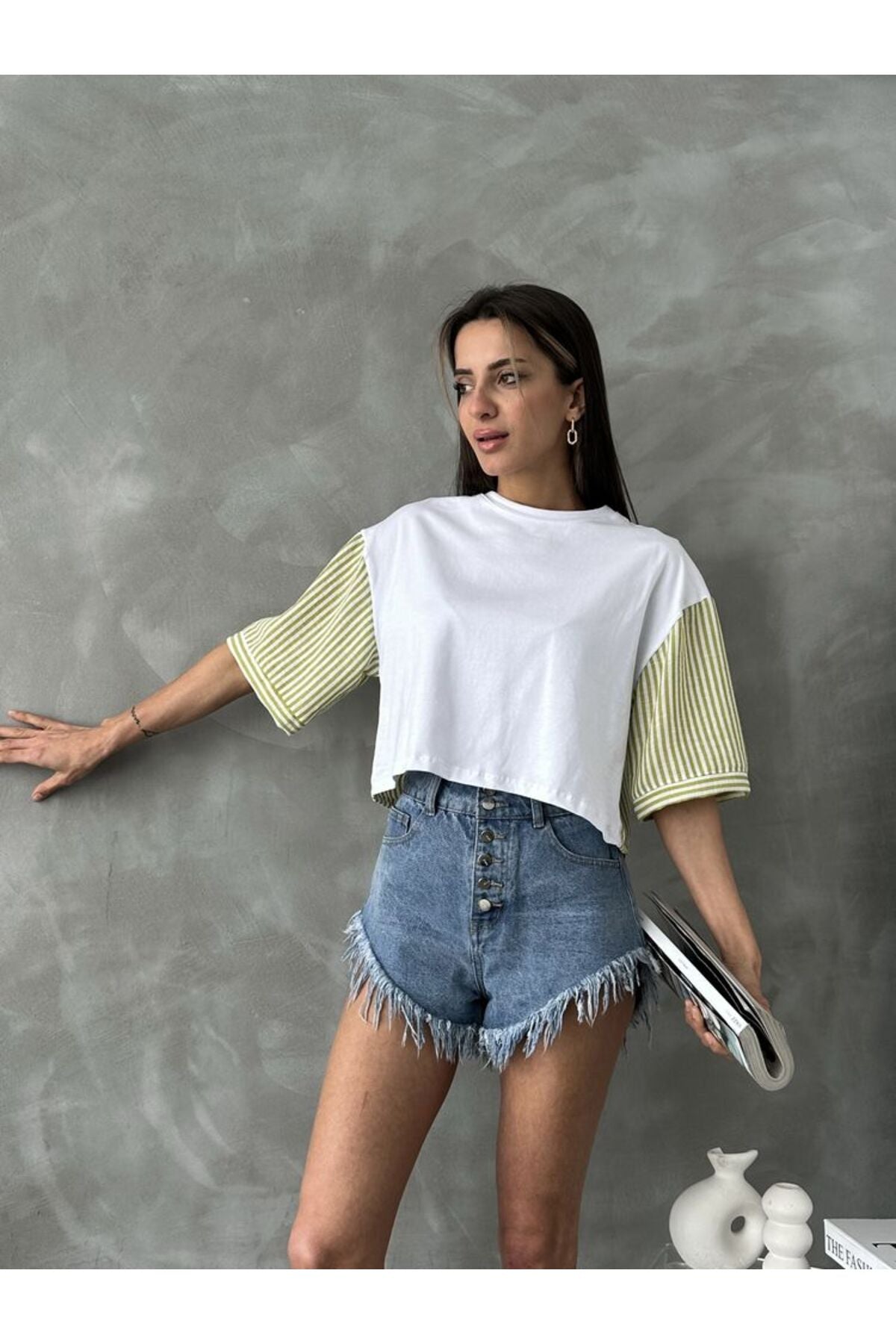 Çizgili Poplin Kollu T-Shirt | D2587