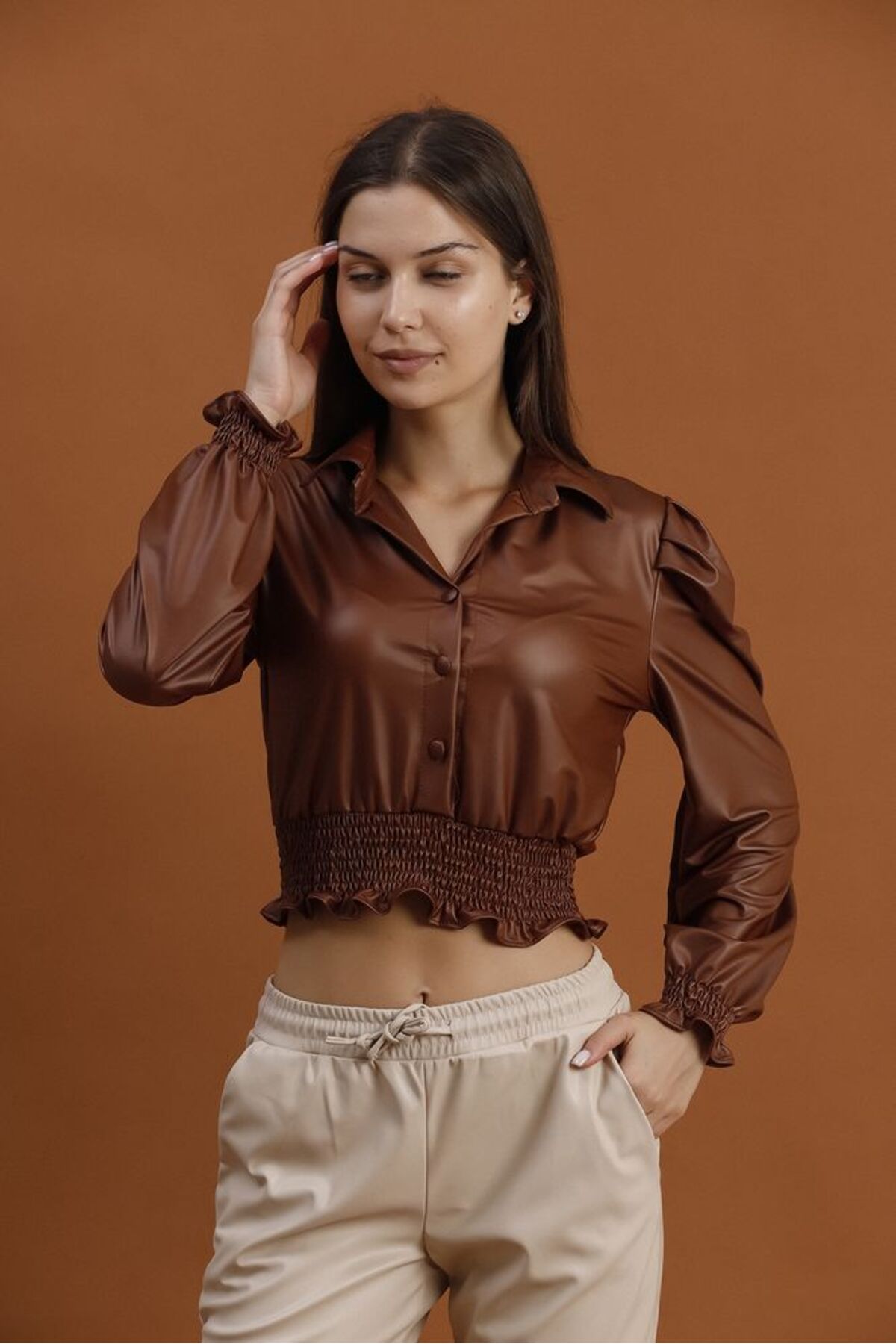 Suni Deri Abiye Bluz | F1170 - TABA