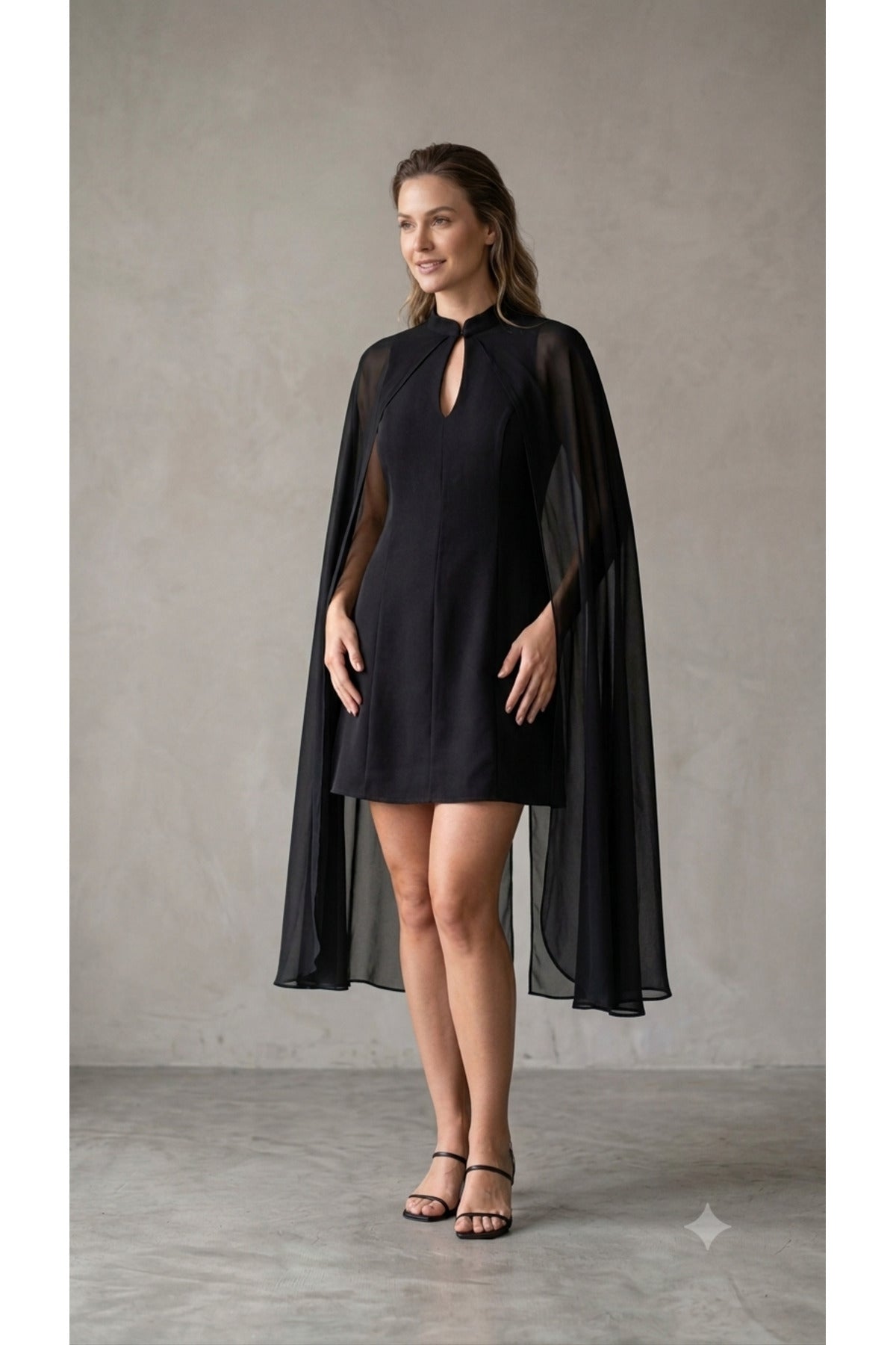 Şifon Pelerin Kollu Mini Abiye Elbise | D3136 - Siyah