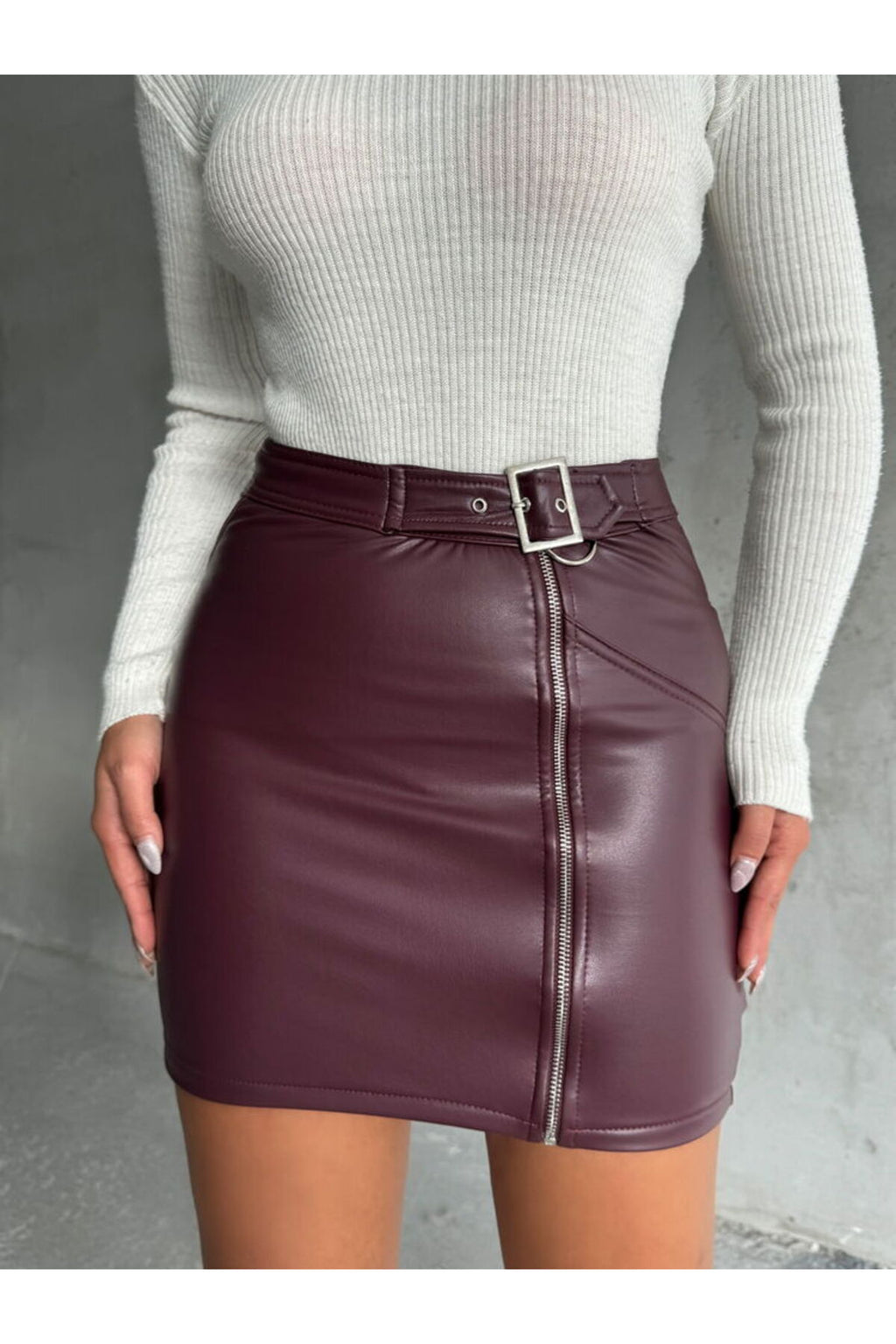 Fermuarlı Deri Etek | F0125 - BORDO