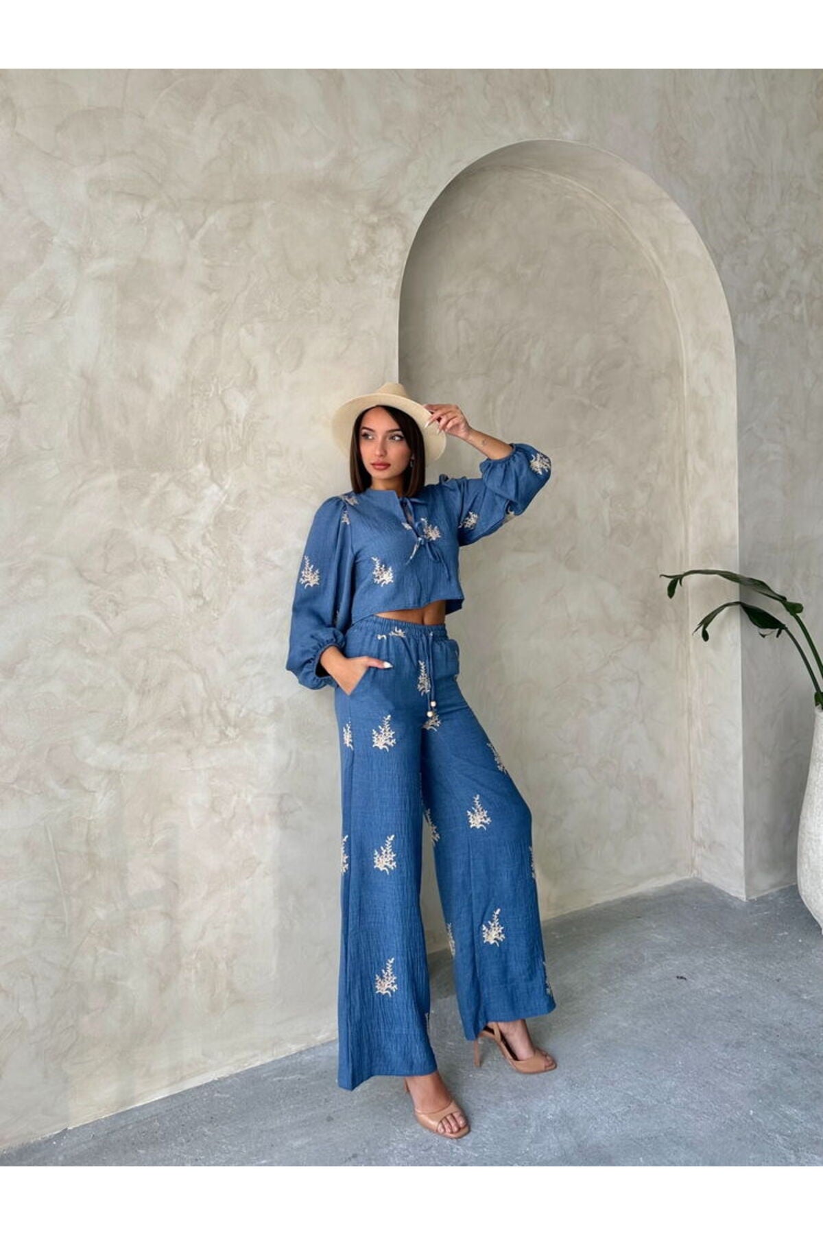 Nakış Detaylı Keten Pantolon | F1712