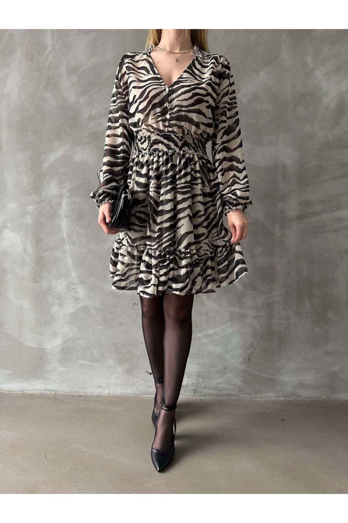 Leopar Çizgili Elbise | F1591 - ZÜMRÜT