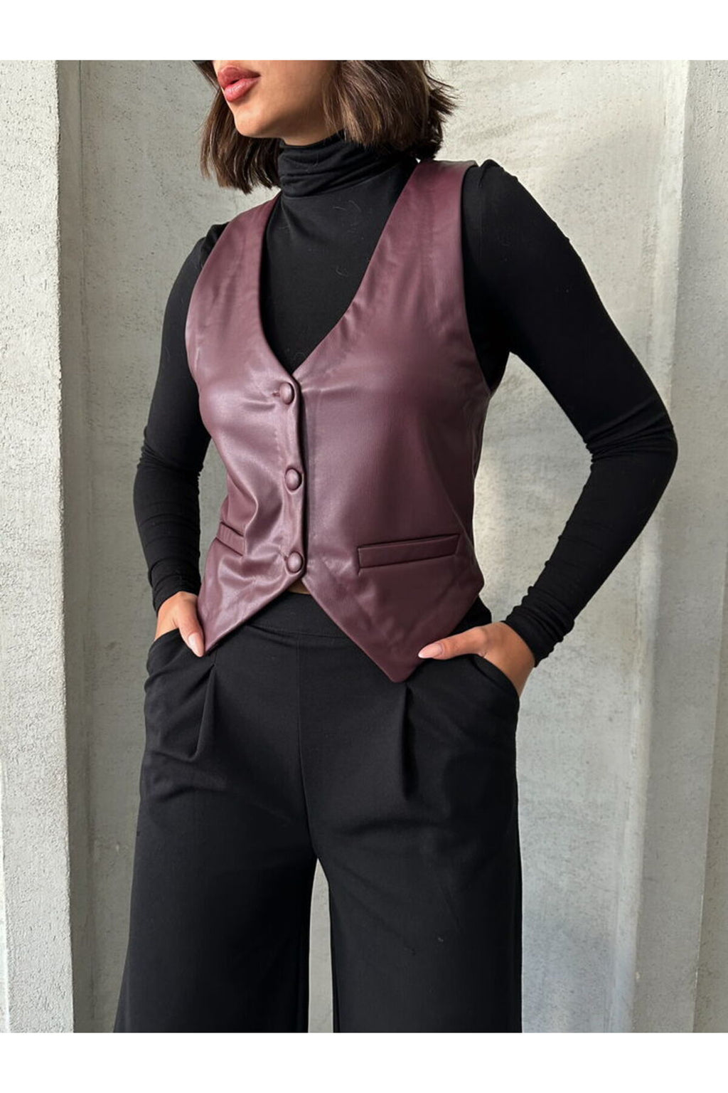 Düğmeli Deri Yelek | F1503 - BORDO