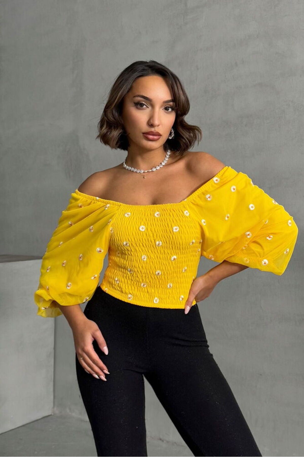 Gipeli Papatya Desenli Bluz | F0988 - SARI