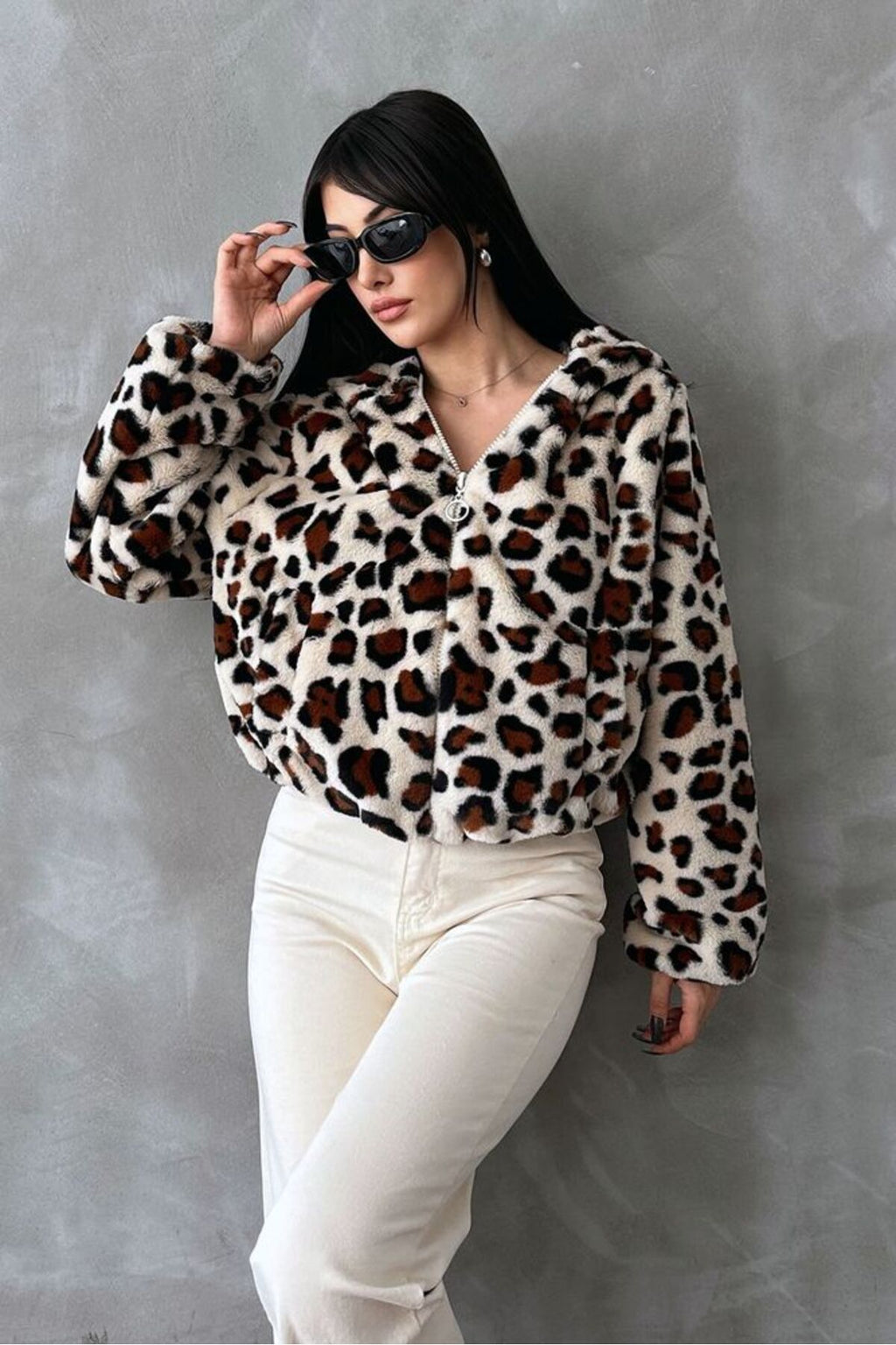 Leopar Bskılı Pejuş Mont | F1654 - AÇIK TAŞ LEOPAR