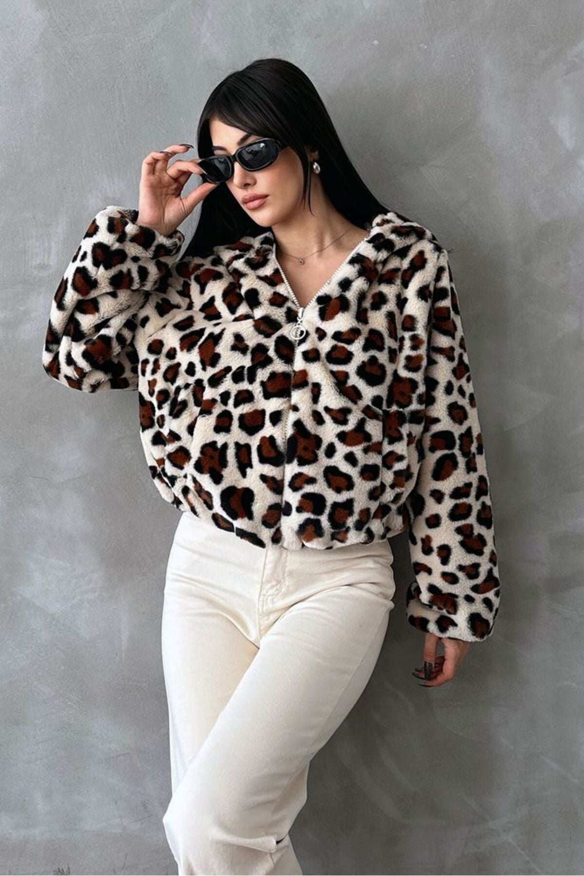 Leopar Bskılı Pejuş Mont | F1654 - AÇIK TAŞ LEOPAR