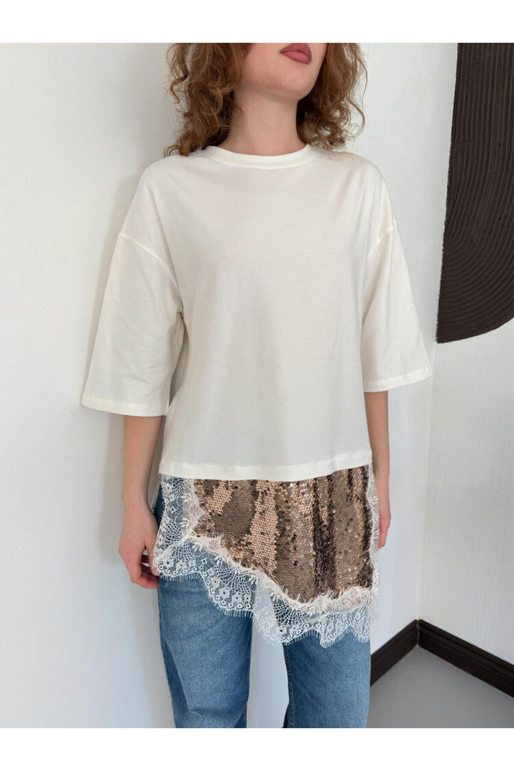 Pullu Dantelli Tişört | D3064 - KAHVE
