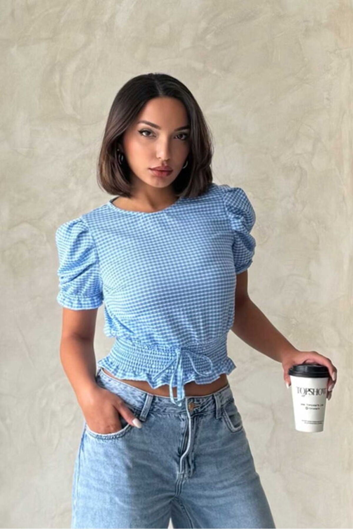 Beli Gipeli Pitikareli Bluz | D1430 - Mavi