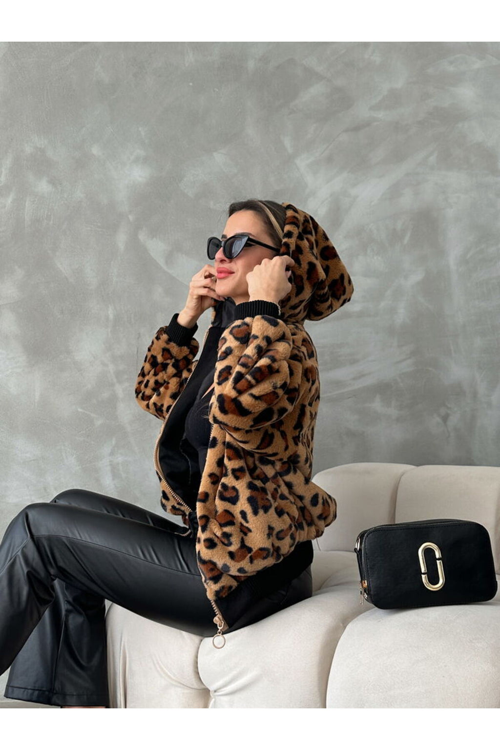 Bakılı Peluj Mont | F1650 - AÇIK TAŞ LEOPAR