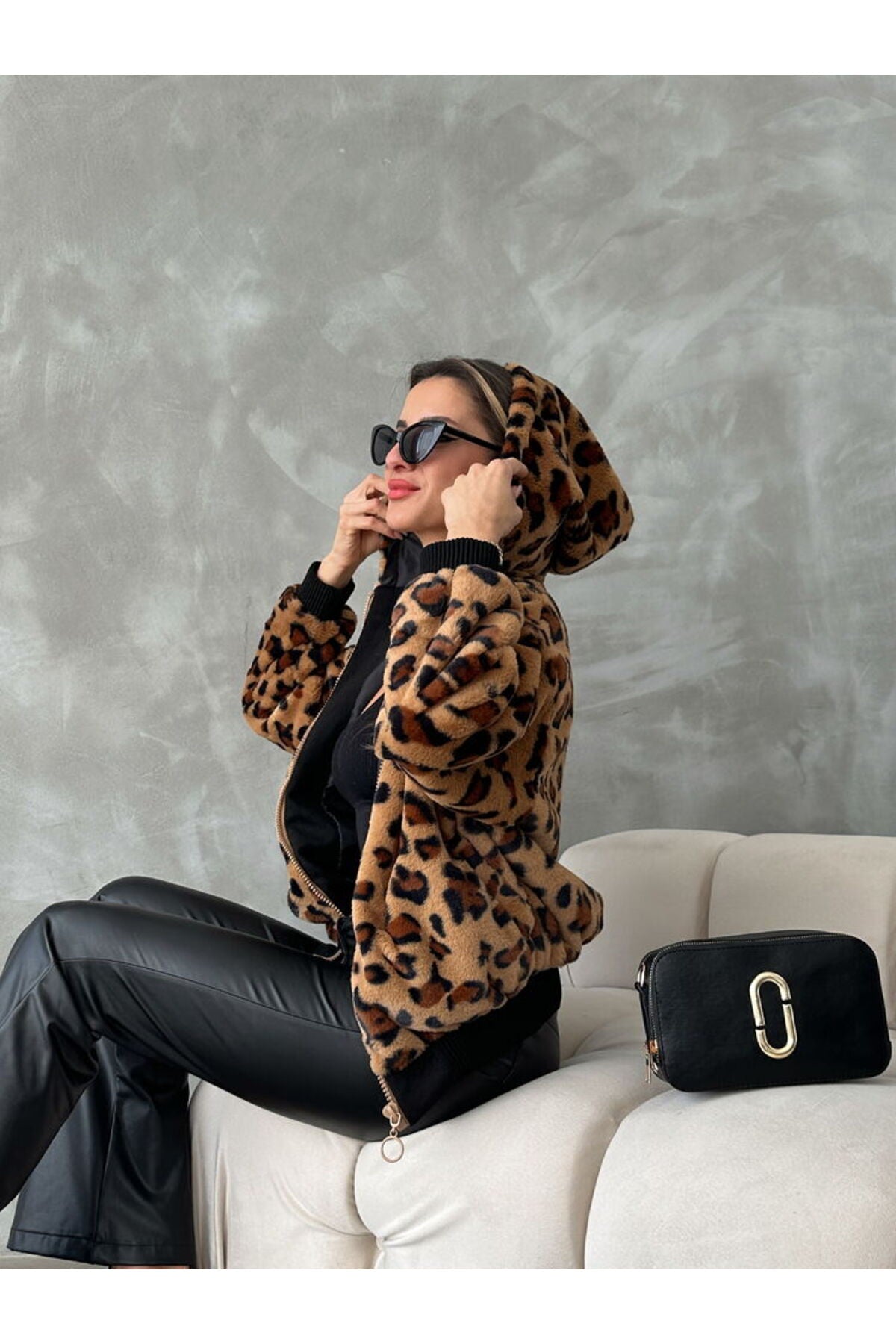 Bakılı Peluj Mont | F1650 - AÇIK TAŞ LEOPAR