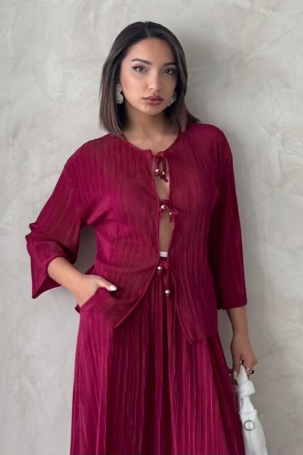 Önden Bağlamalı Plise Gömlek | F1739 - BORDO