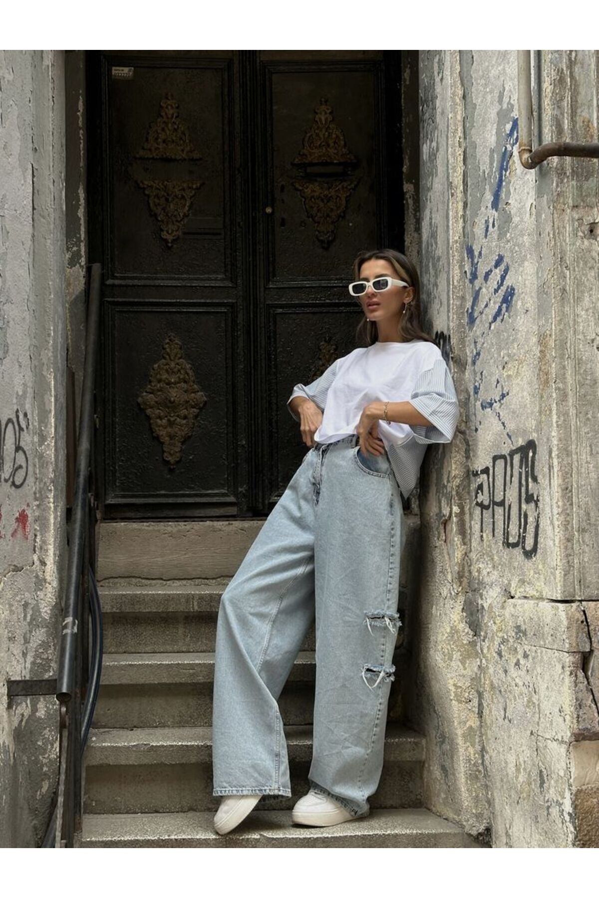 Çizgili Poplin Kollu T-Shirt | D2587 - FISTIK YEŞİLİ