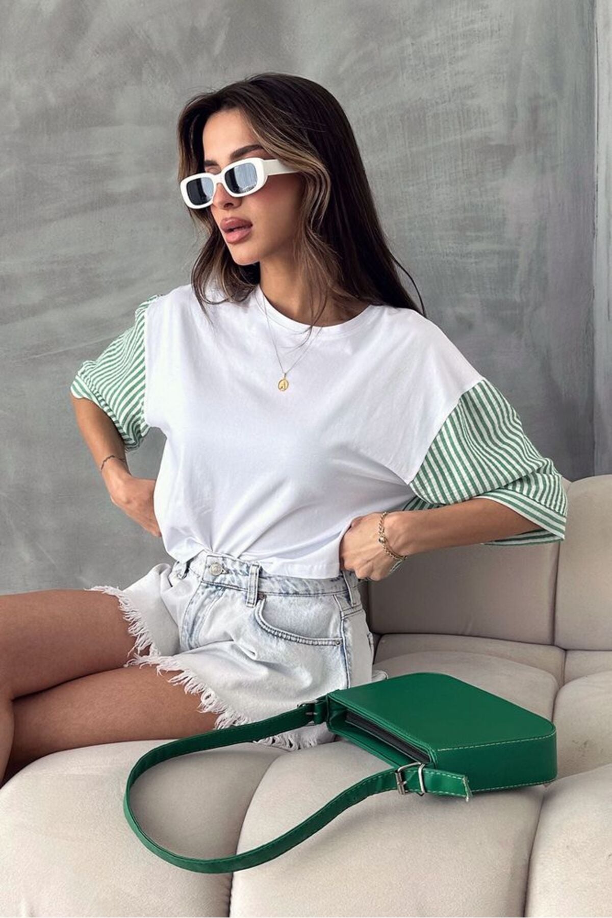 Çizgili Poplin Kollu T-Shirt | D2587