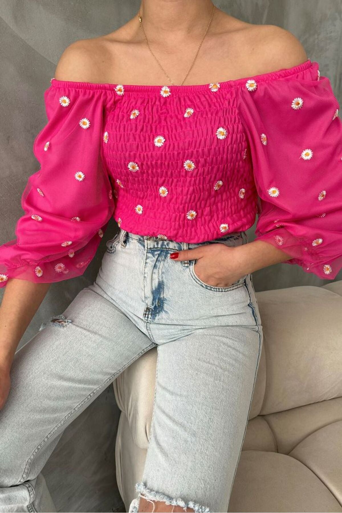 Gipeli Papatya Desenli Bluz | F0988 - FUŞYA