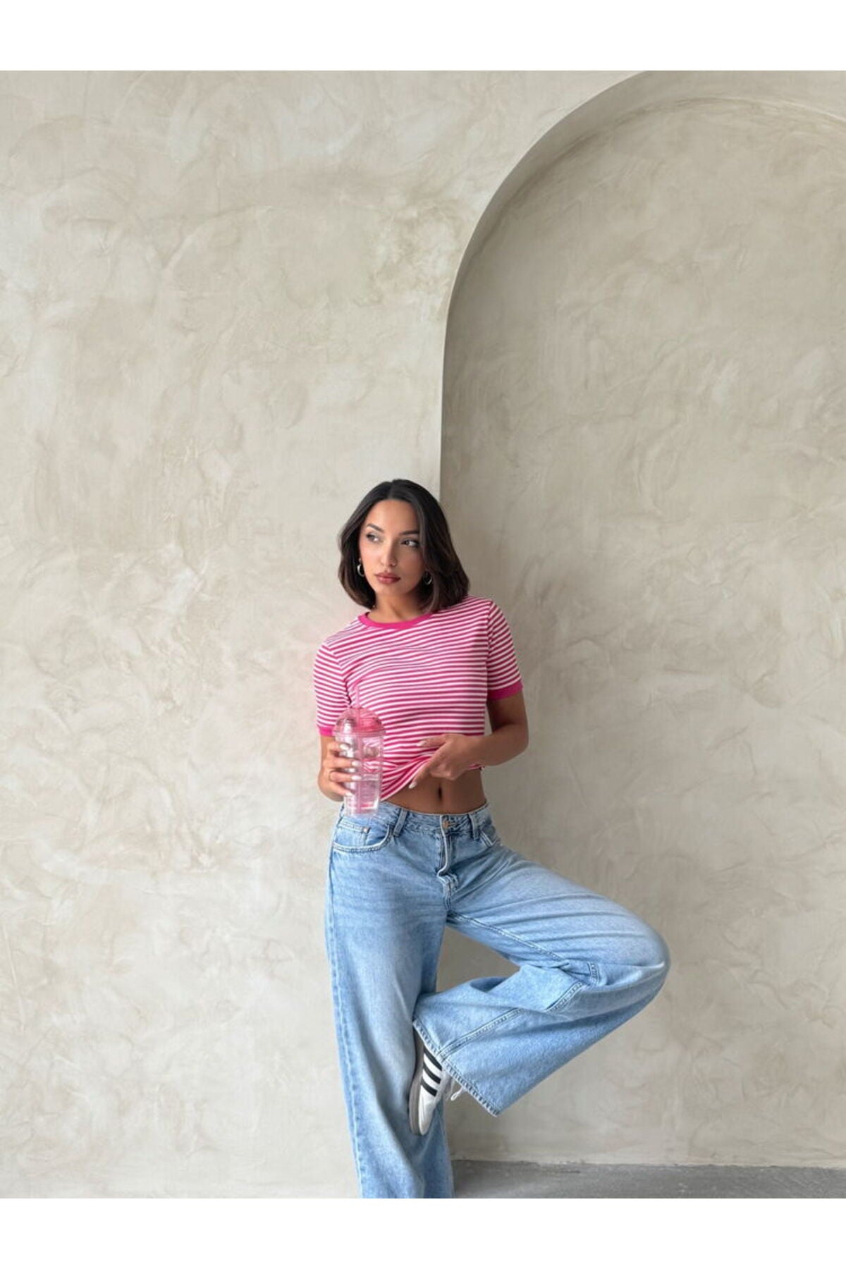 Çizgili T-Shirt | D0641 - FUŞYA