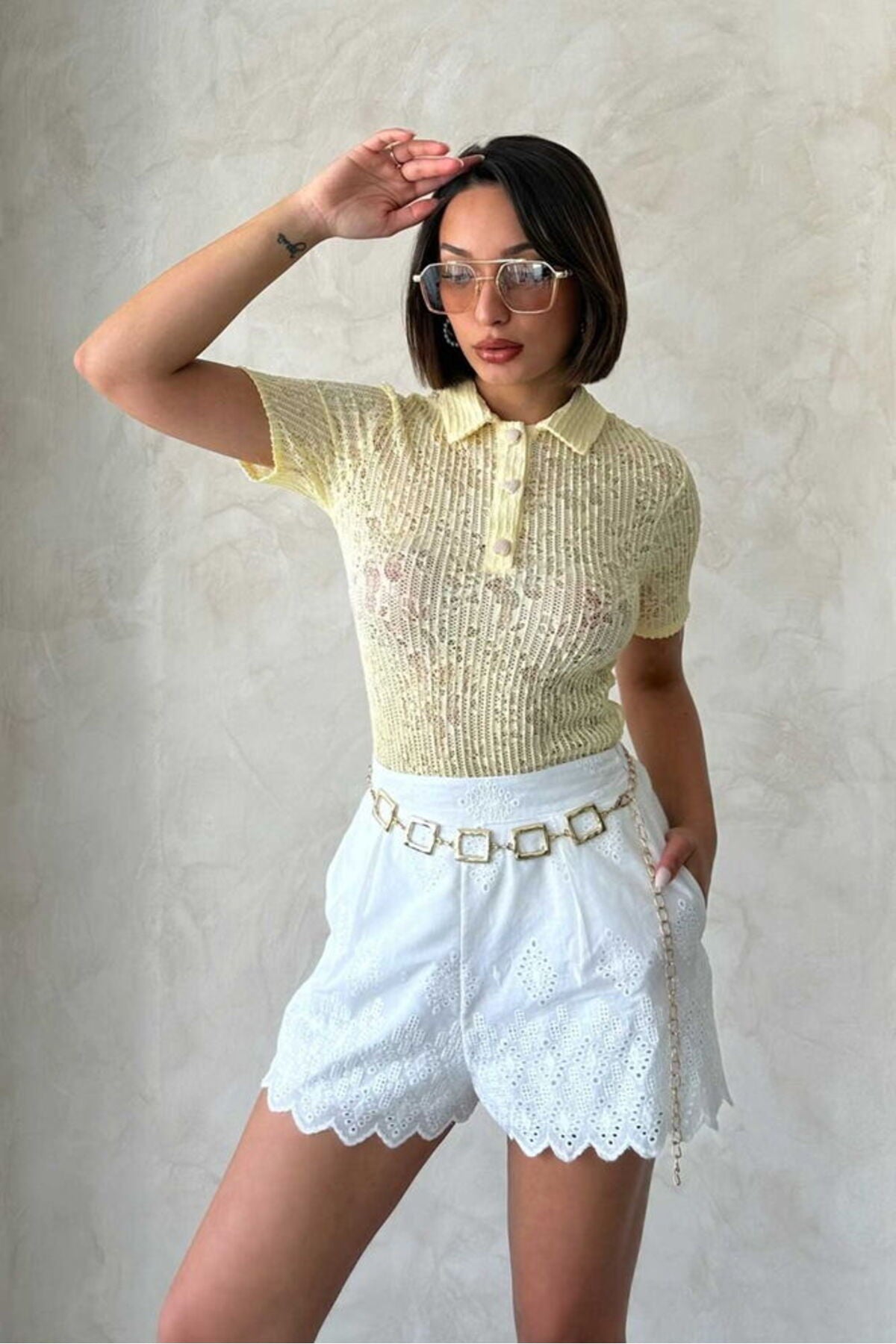 Dantel Gömlek Yaka Bluz | D2803 - SARI