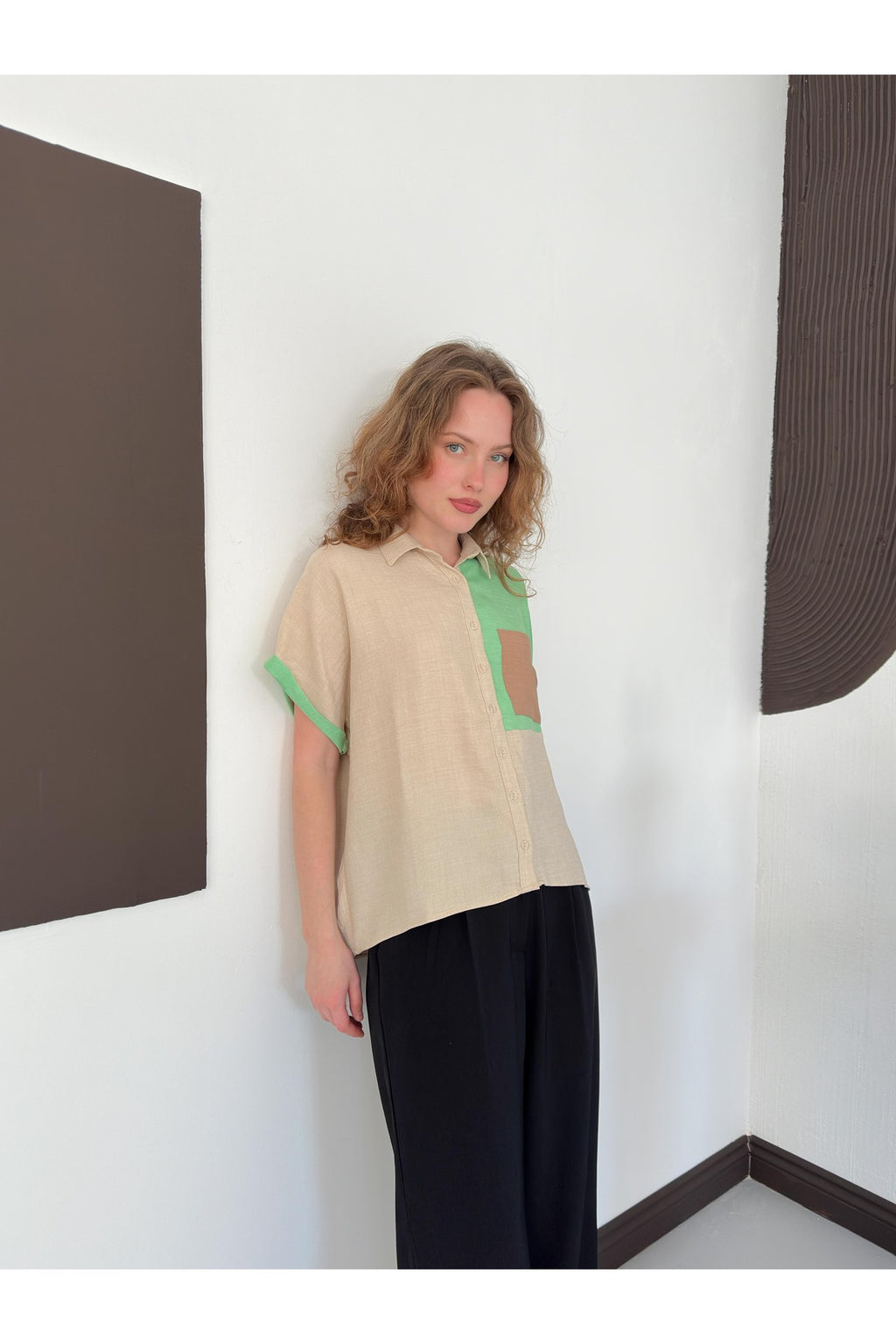 Çift Renk Cep Detaylı Gömlek Oversize | D2530 - MAVİ PUDRA