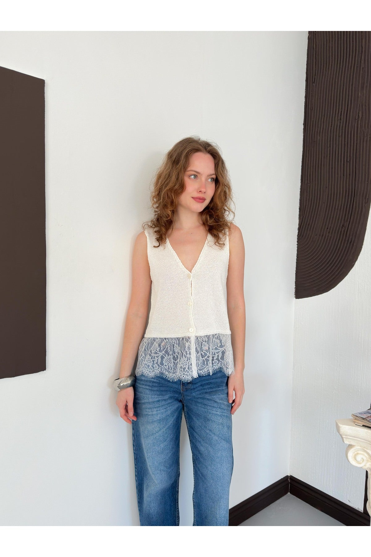 V Yaka Dantel Detaylı Triko Bluz | S1009 - Krem