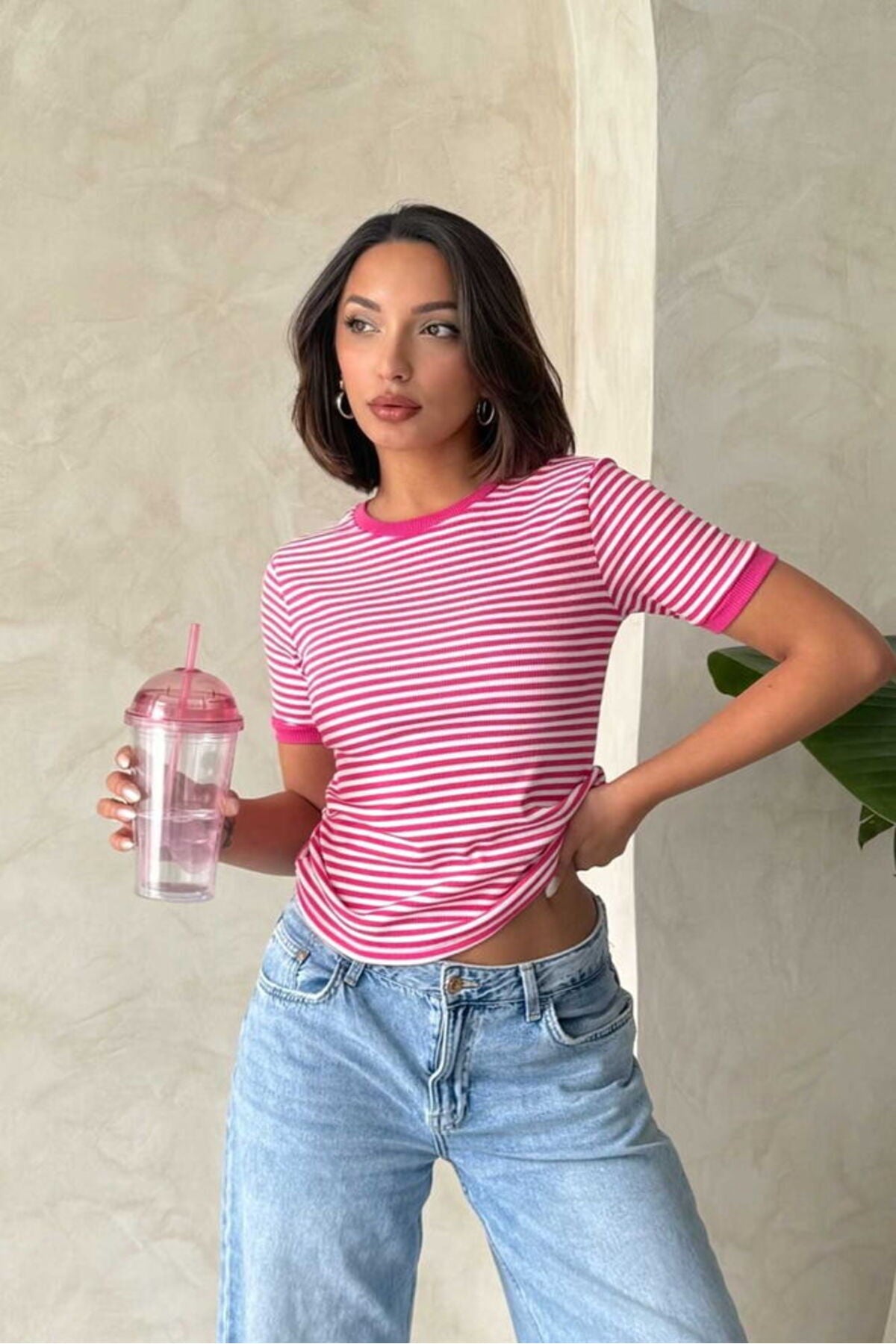 Çizgili T-Shirt | D0641 - FUŞYA