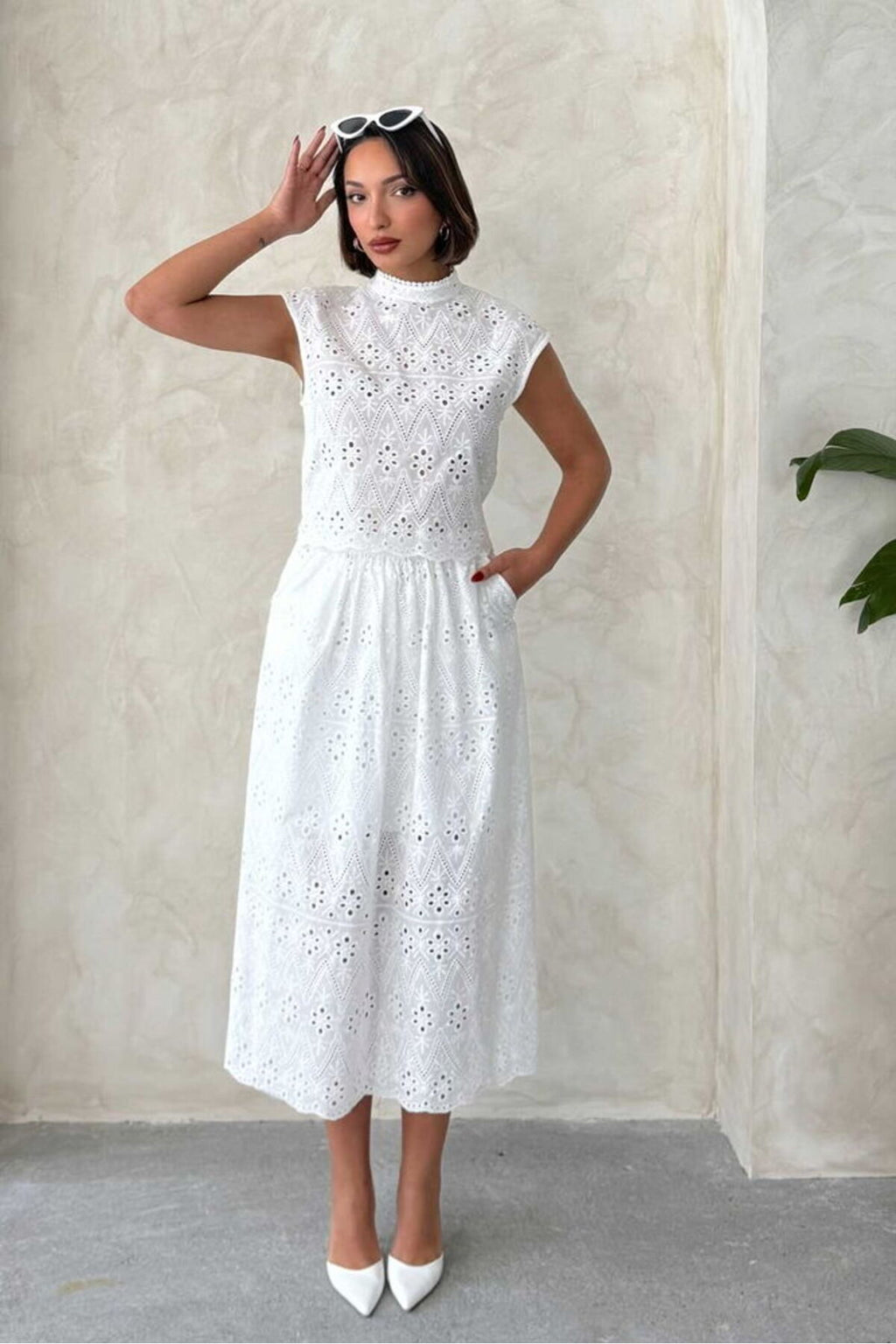 Çiçek Motifli Krem Astarlı Brode Midi Etek | D2759 - Krem