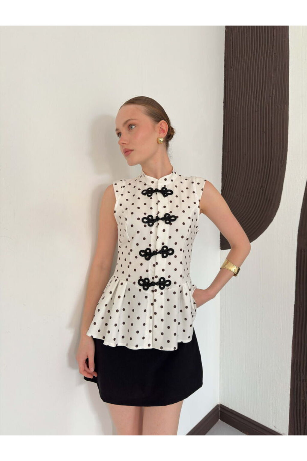 Çin Düğmeli Puantiyeli Bluz | D3074 - KREM