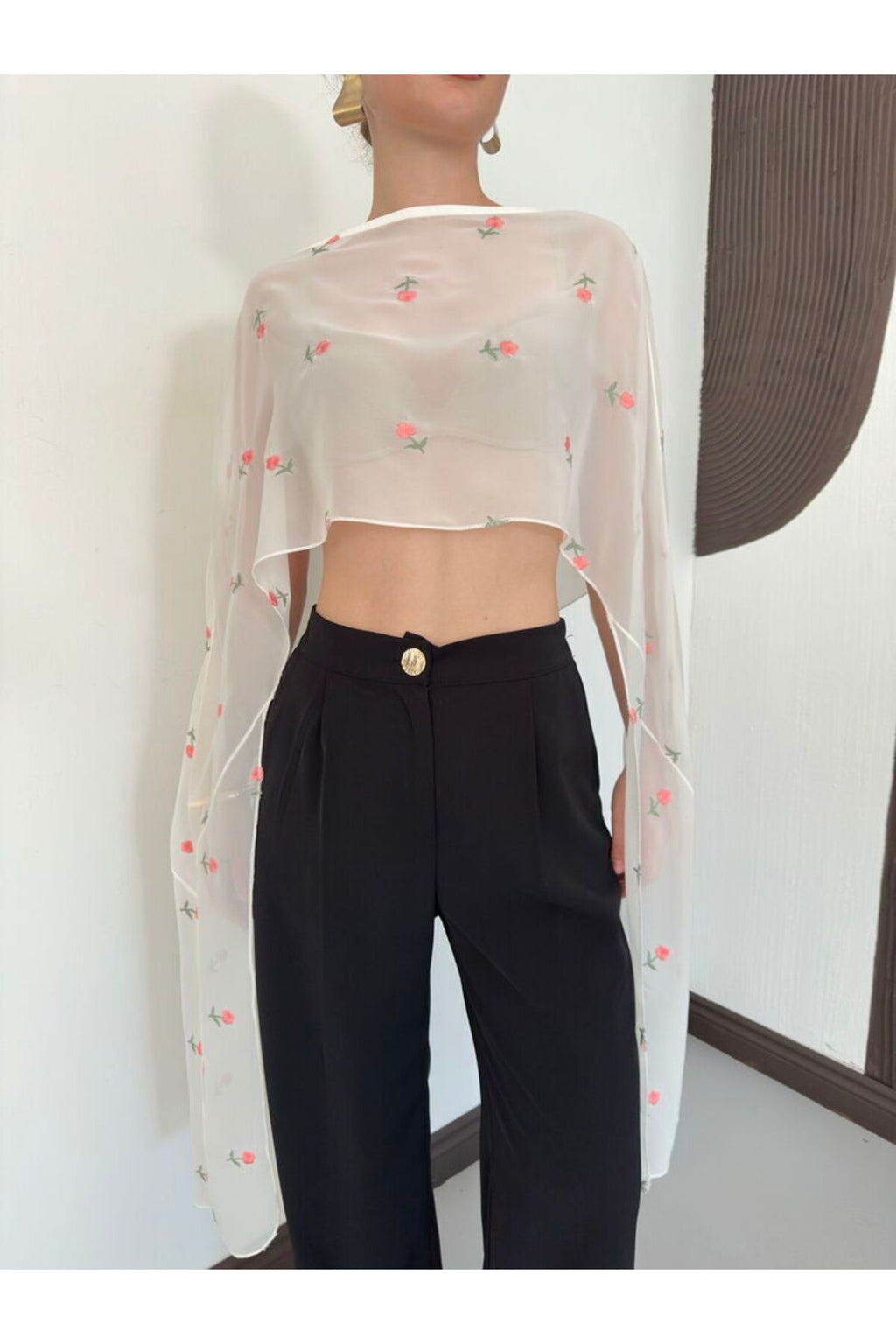 Nakışlı Şifon Pelerin Bluz | D3137 - KREM LİLA